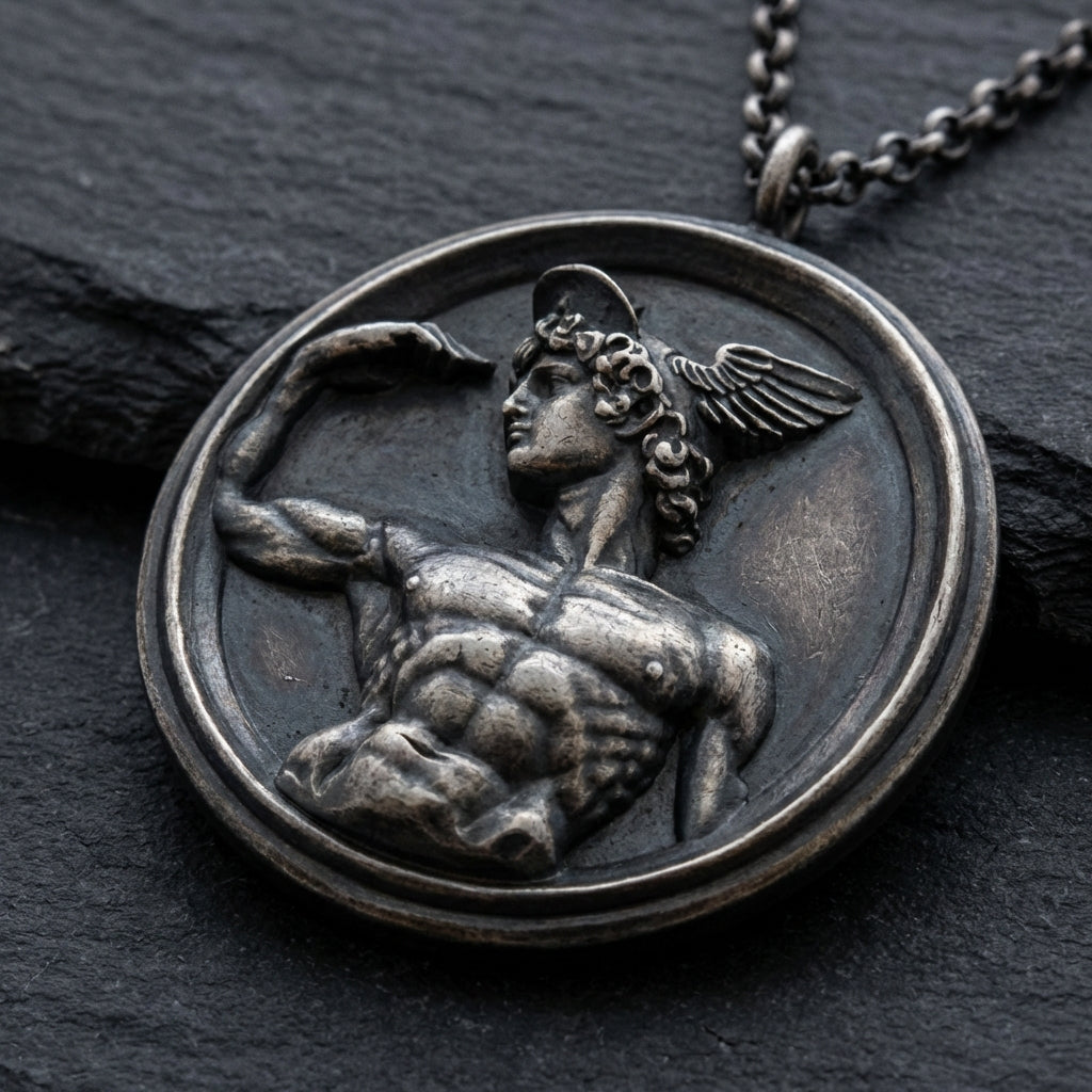 Bold masculine Hermes pendant necklace handcrafted in 925 sterling silver mythology inspired Greek god jewelry meaningful anniversary birthday gift