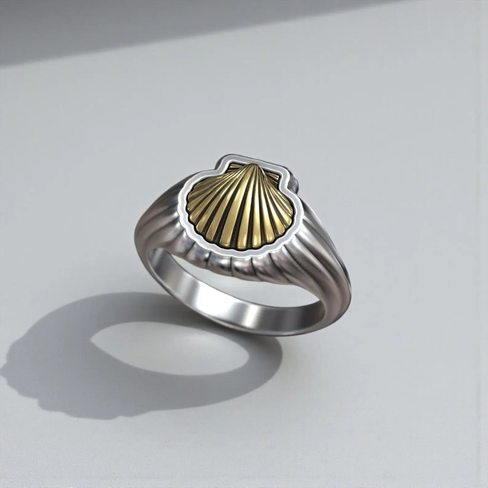 Ocean inspired shell signet ring in oxidized 925 sterling silver with gold accent, bold nautical statement jewelry for men