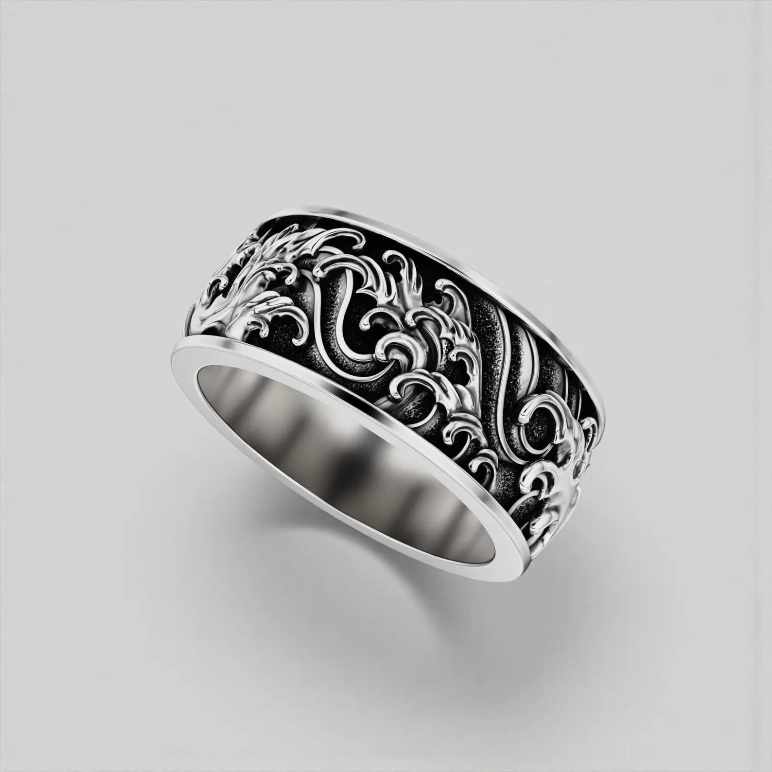 Nautical ocean waves ring for men with custom engraving option, handcrafted sterling silver sea lover jewelry