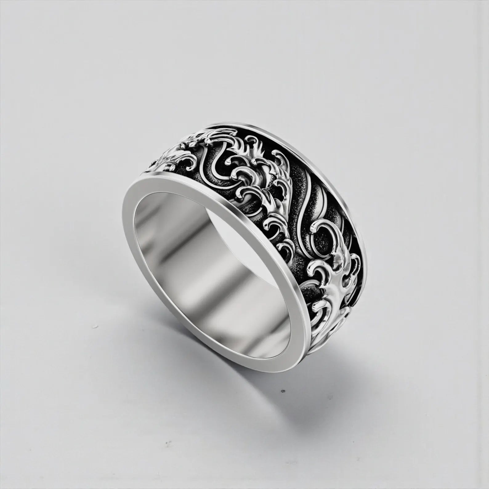 Nautical ocean waves band ring for men handcrafted from 925 sterling silver with engraved sea wave design and oxidized finish