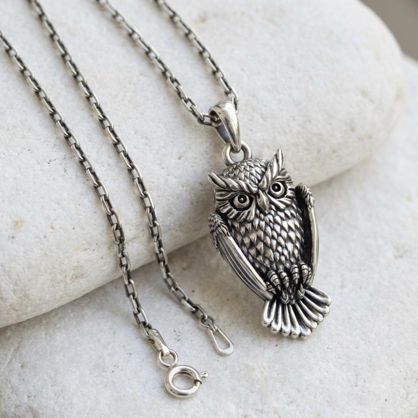 detailed owl pendant necklace handmade sterling silver mystical wildlife jewelry meaningful gift for animal lovers