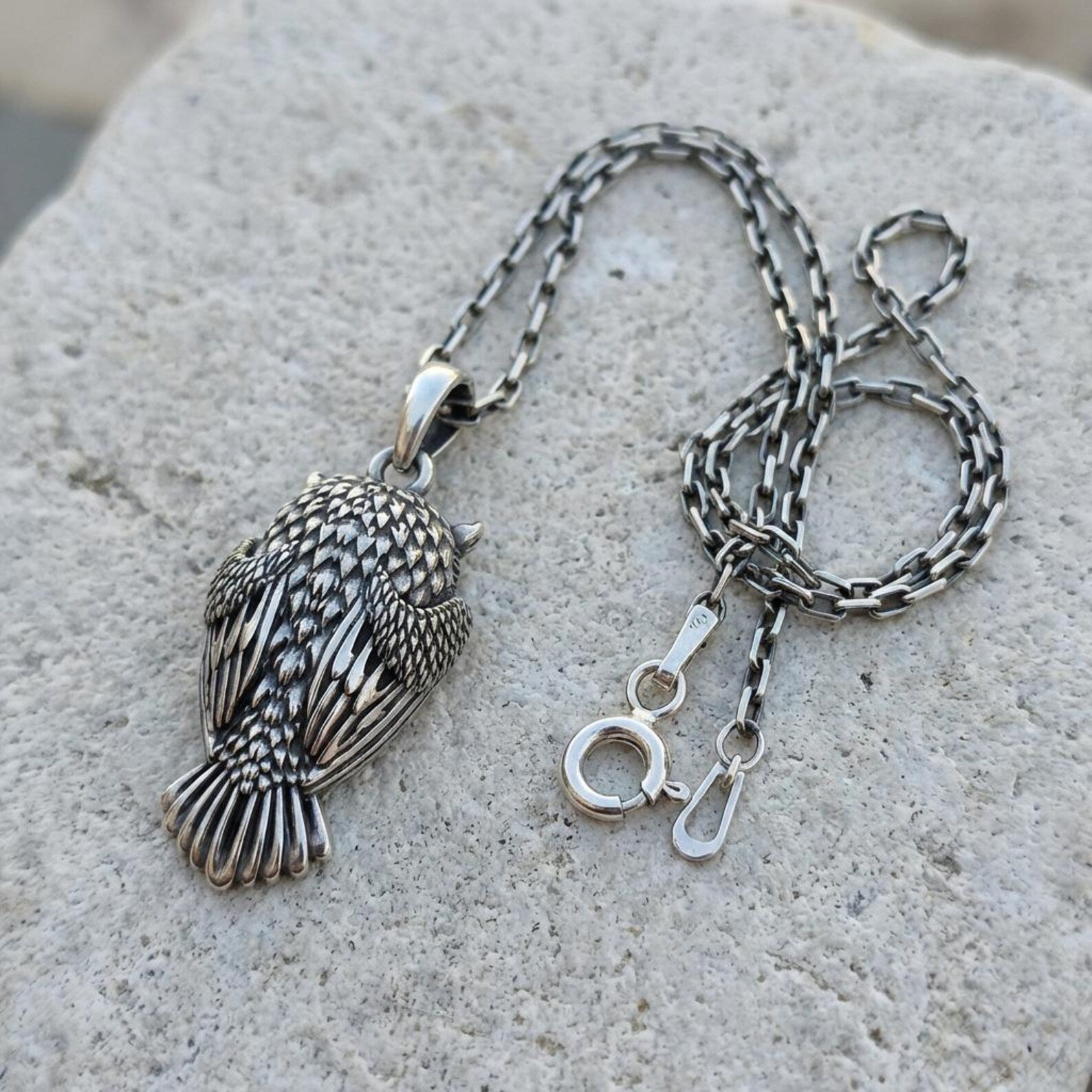 bold chunky owl pendant necklace solid sterling silver artisan wildlife jewelry perfect gift for her or him