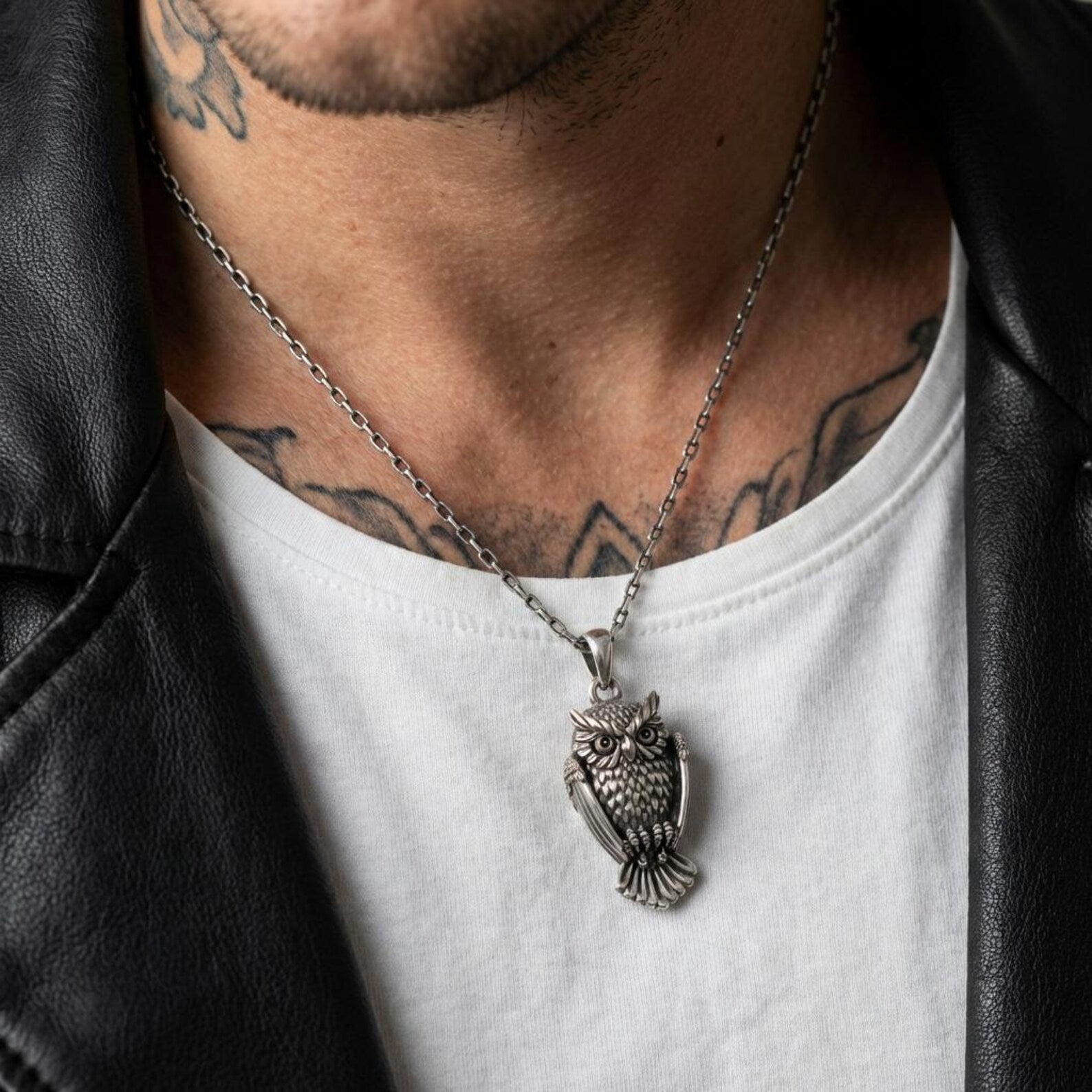 unique owl jewelry for men and women handcrafted oxidized sterling silver nature inspired chunky pendant necklace