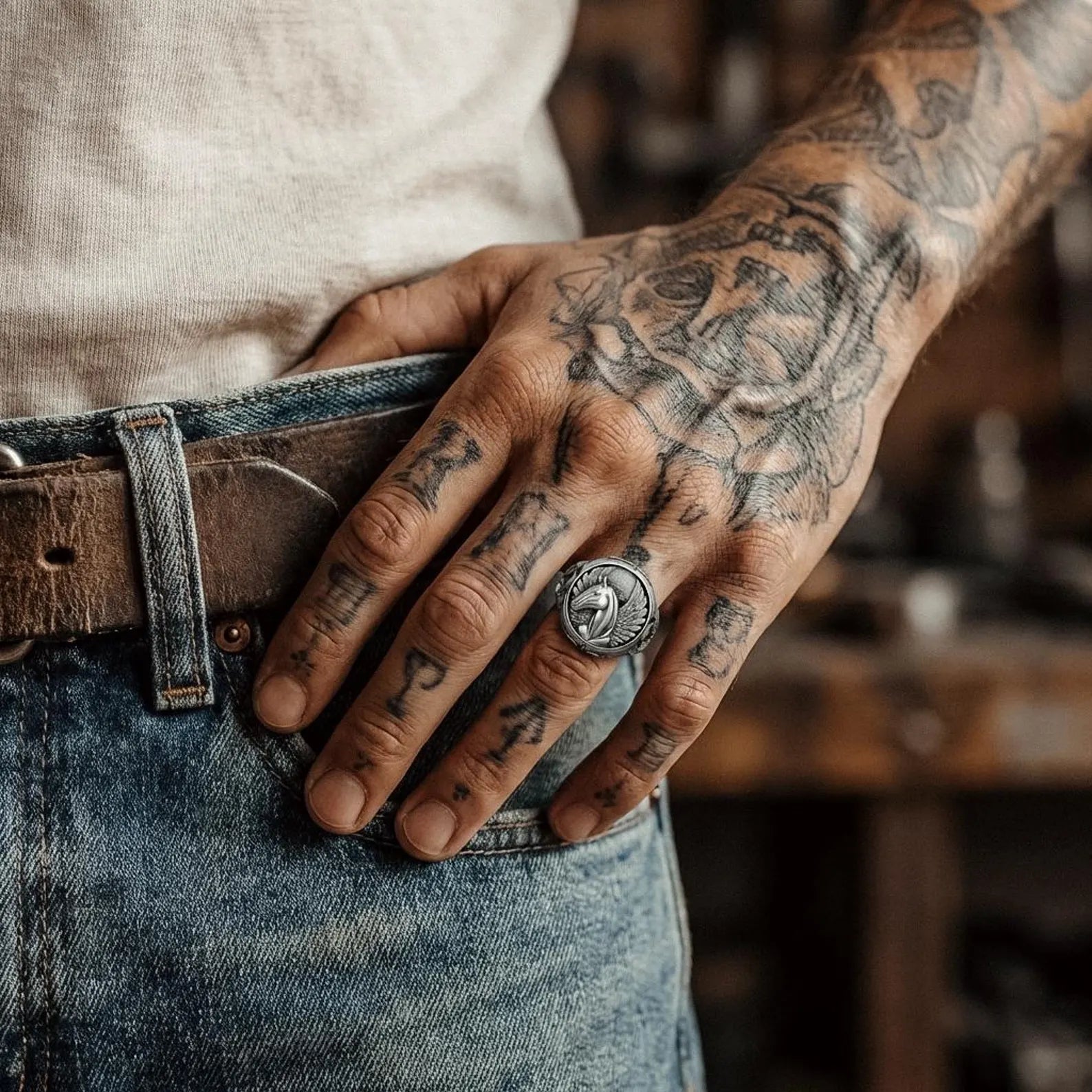 Detailed close up of mythology inspired Pegasus ring with powerful wings and dynamic horse design, made from high quality hypoallergenic sterling silver for bold masculine style