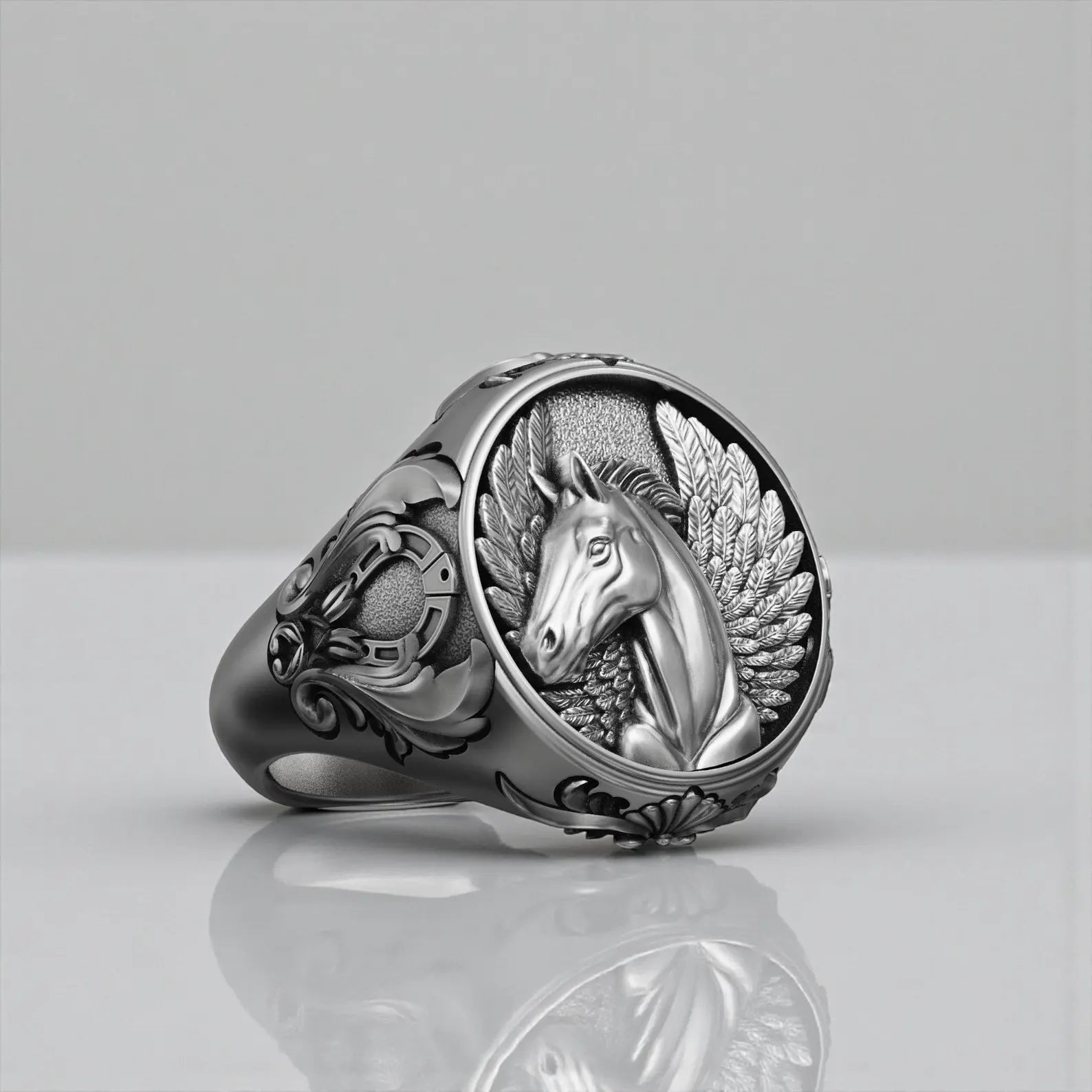 Handcrafted Pegasus horse sterling silver ring for men featuring a bold winged stallion engraving, oxidized finish and heavy 25 gram solid 925 silver statement band inspired by Greek mythology