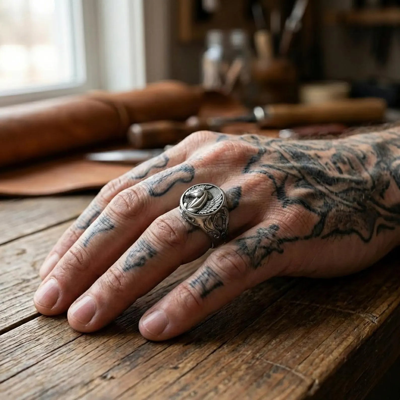 Solid sterling silver Pegasus ring with intricate wing details and strong sculptural design, inspired by ancient mythology and heroic symbolism
