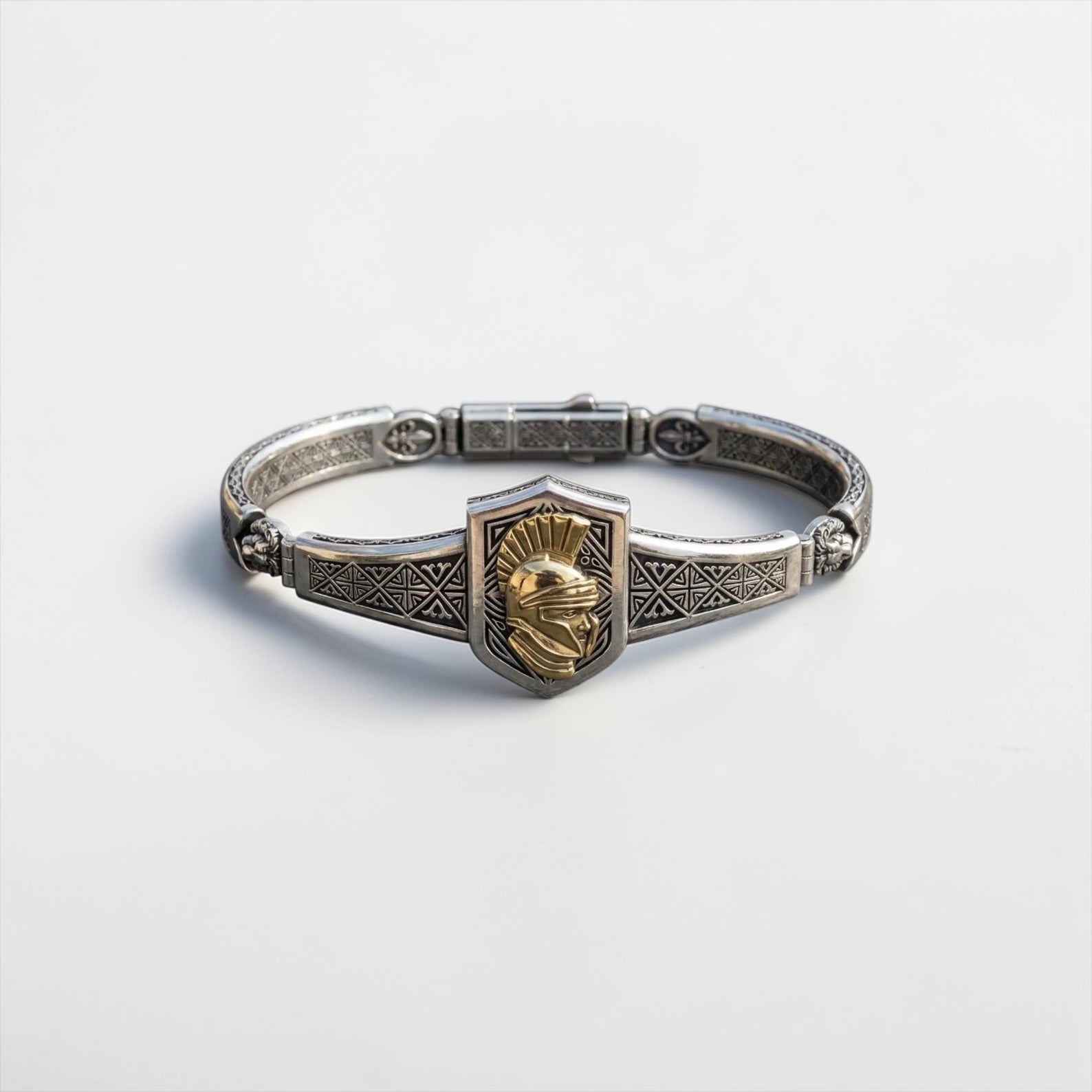 Oxidized sterling silver Spartan cuff bracelet for men with vintage engraving, masculine mythology inspired jewelry