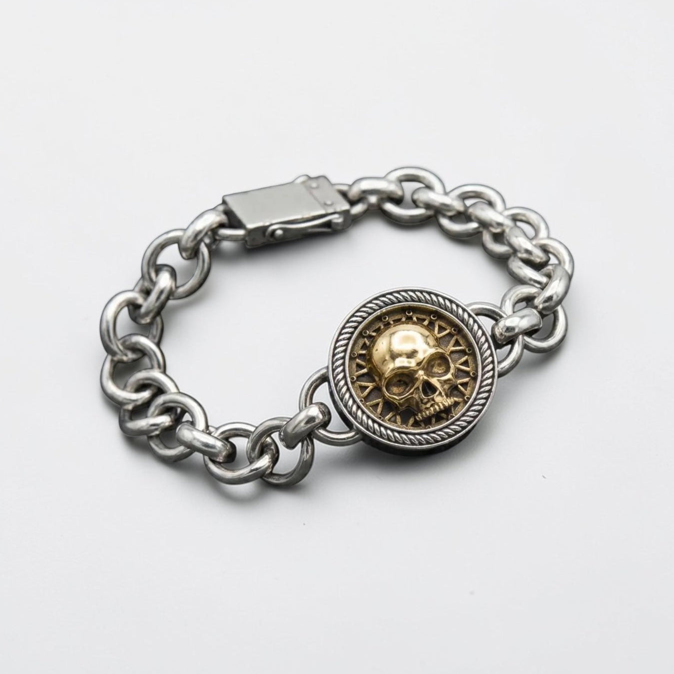 Biker skull chain bracelet for men in solid 925 sterling silver with bronze skull detail, bold gothic statement jewelry