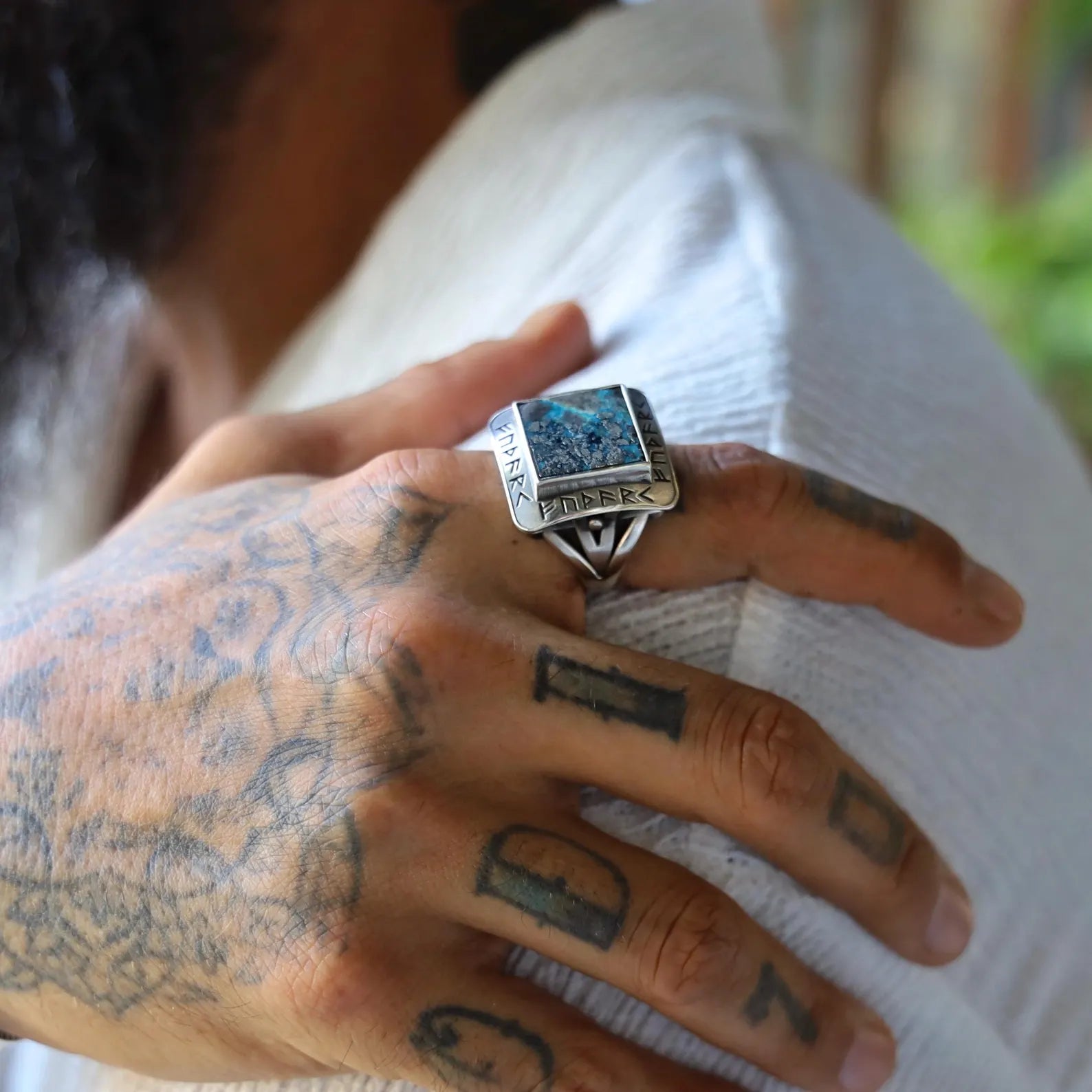 Unique men’s ring with Norse runes and square turquoise stone, made in sterling silver. A bold piece of jewelry with historical and spiritual inspiration, suitable for Viking lovers, fantasy fans, and handmade jewelry collectors. Highly shareable on Instagram and Pinterest.