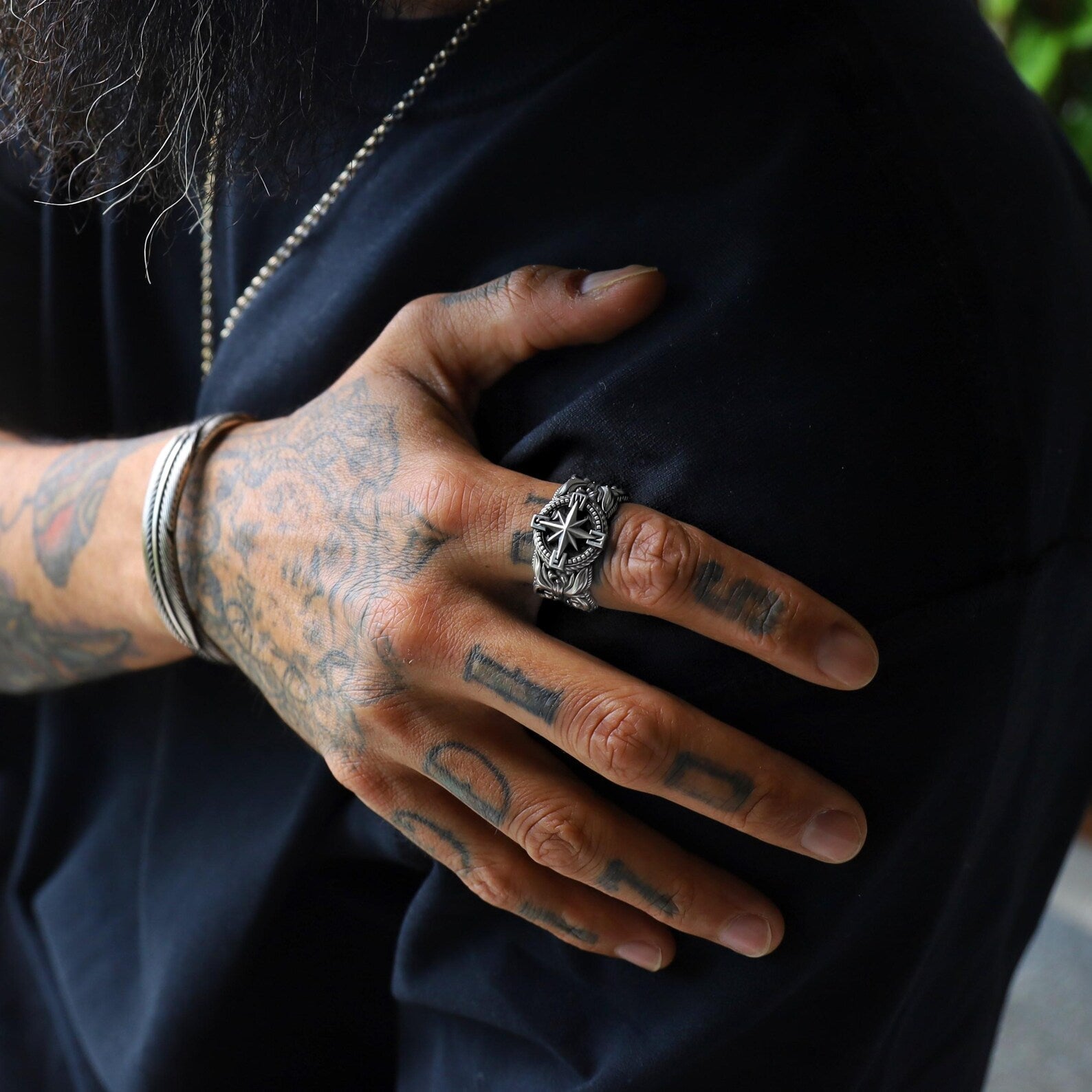 Sterling silver compass signet ring with ornate North-South-East-West markings. A strong masculine accessory for those who follow their own path. Handcrafted and SEO optimized for Pinterest inspiration feeds and Shopify gift guides for men.