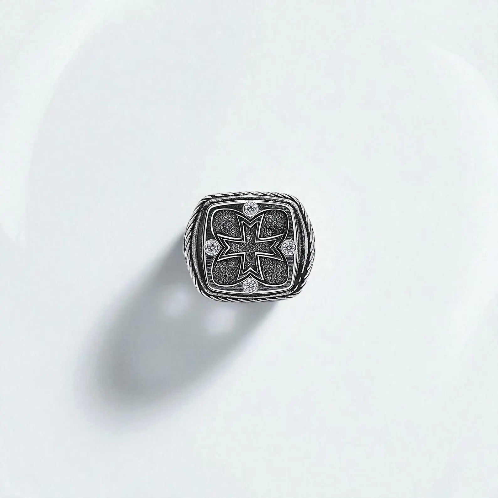 Mens Christian pinky ring made from high-quality sterling silver, showcasing a detailed handcrafted cross motif and timeless unisex design with custom sizing options.