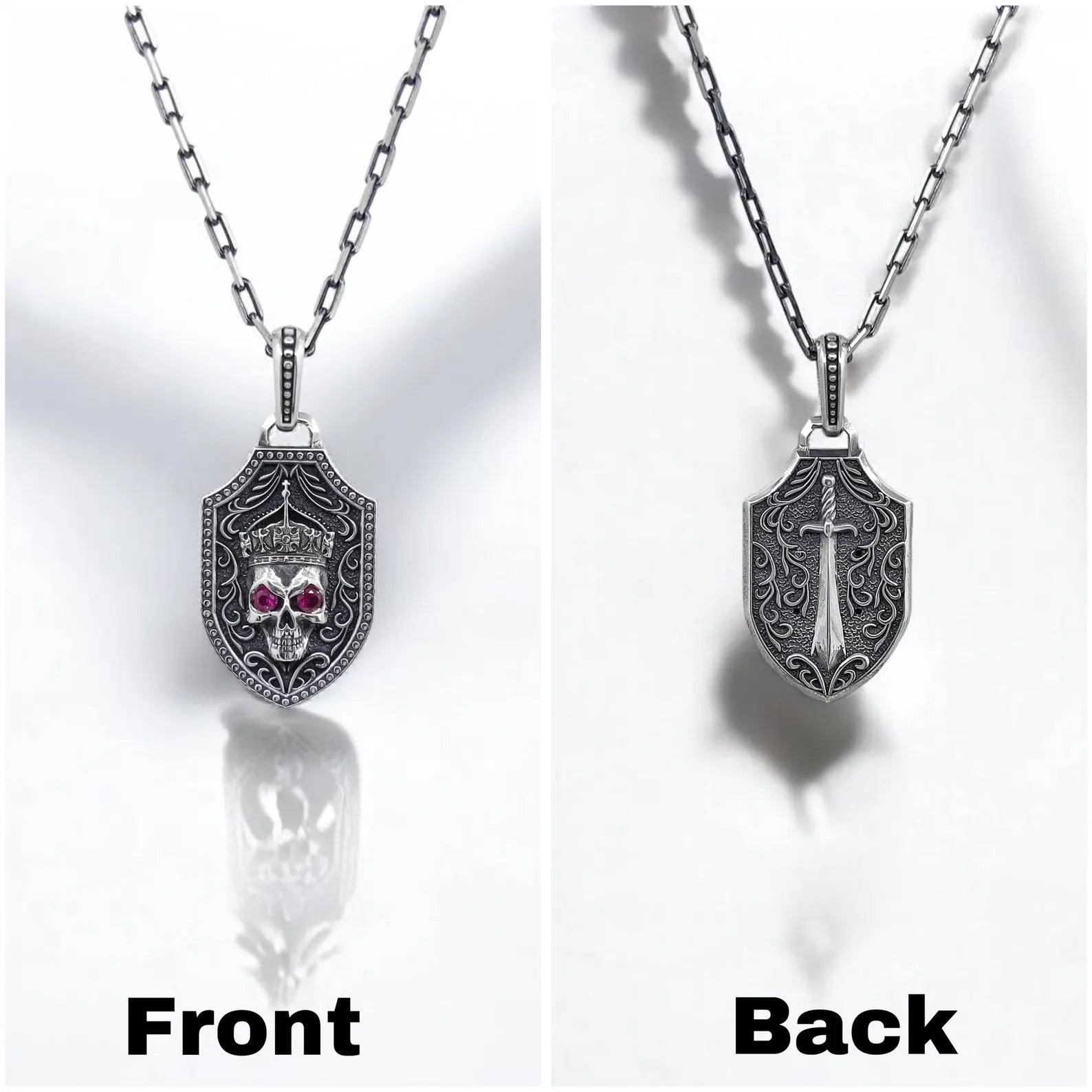 925 sterling silver reversible pendant necklace with a skull and sword theme, handcrafted for gothic fashion lovers and alternative jewelry fans. The skull with glowing red eyes represents fearless strength, while the sword adds a noble warrior touch. A meaningful gift for those with bold style.