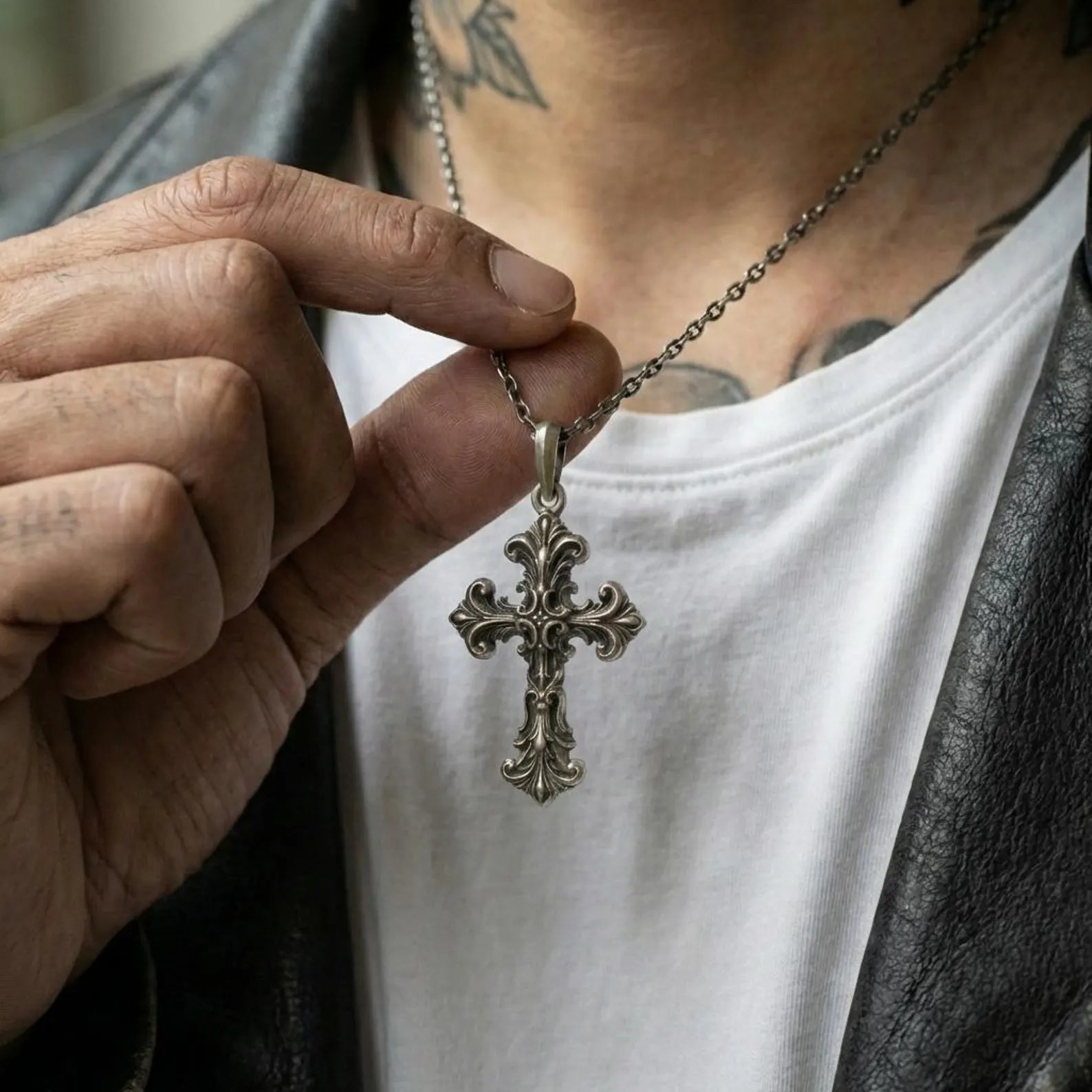 unique gothic cross jewelry for men oxidized sterling silver medieval royal lily symbolic christian pendant necklace