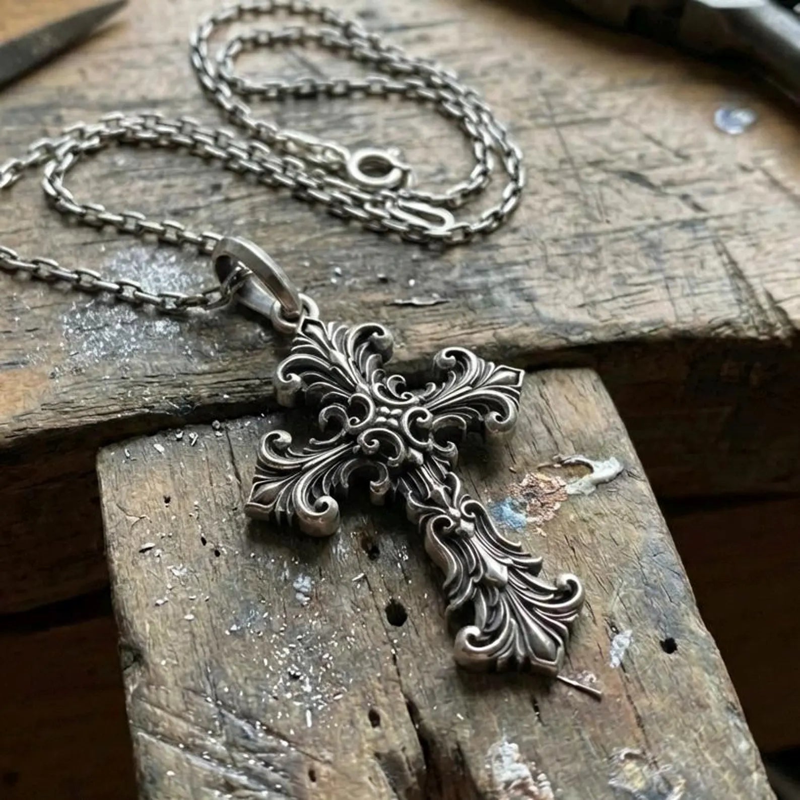 highly detailed gothic christian cross necklace handcrafted solid sterling silver fleur de lis medieval statement jewelry piece