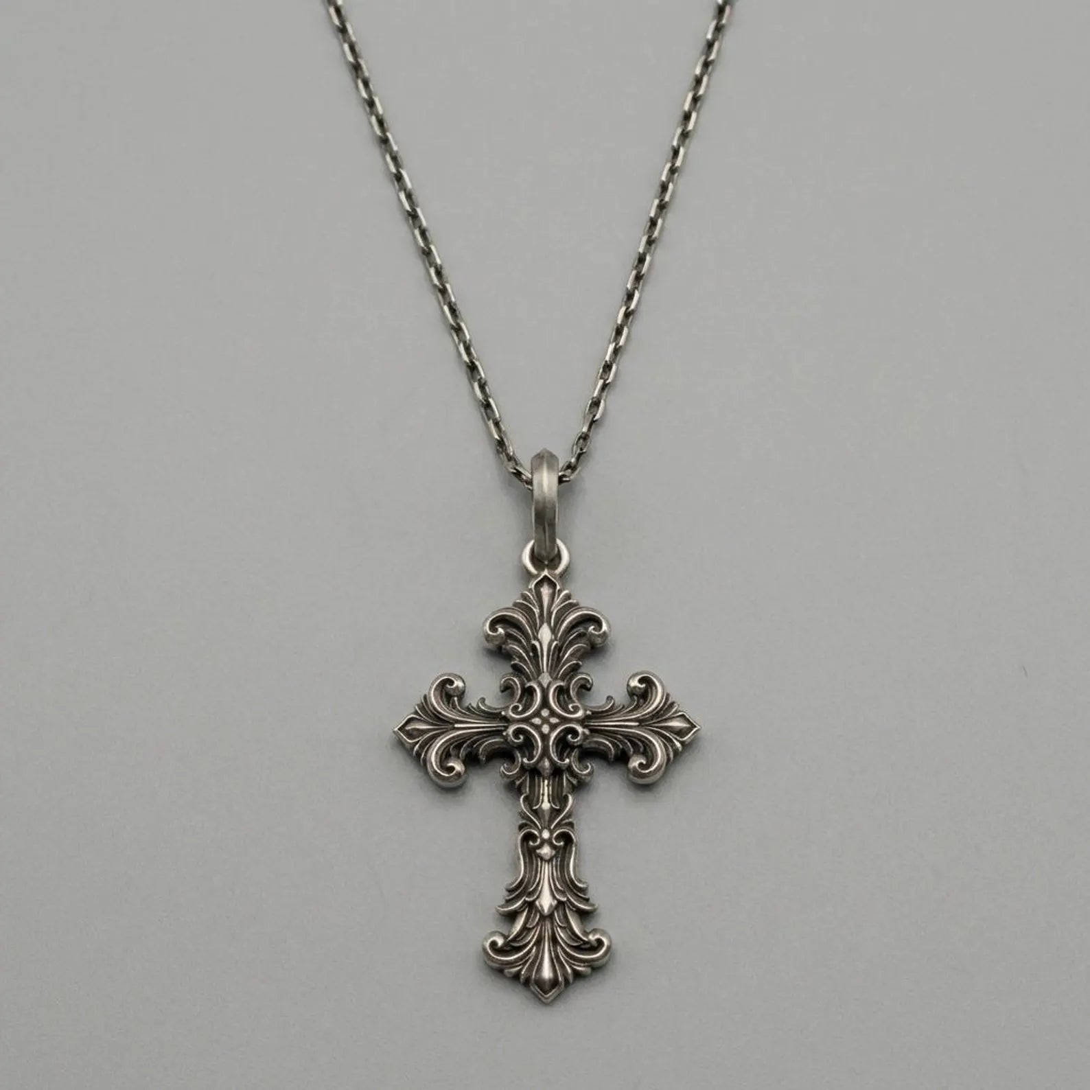 handcrafted sterling silver gothic ornamental cross pendant necklace medieval royal lily fleur de lis christian jewelry bold masculine statement piece