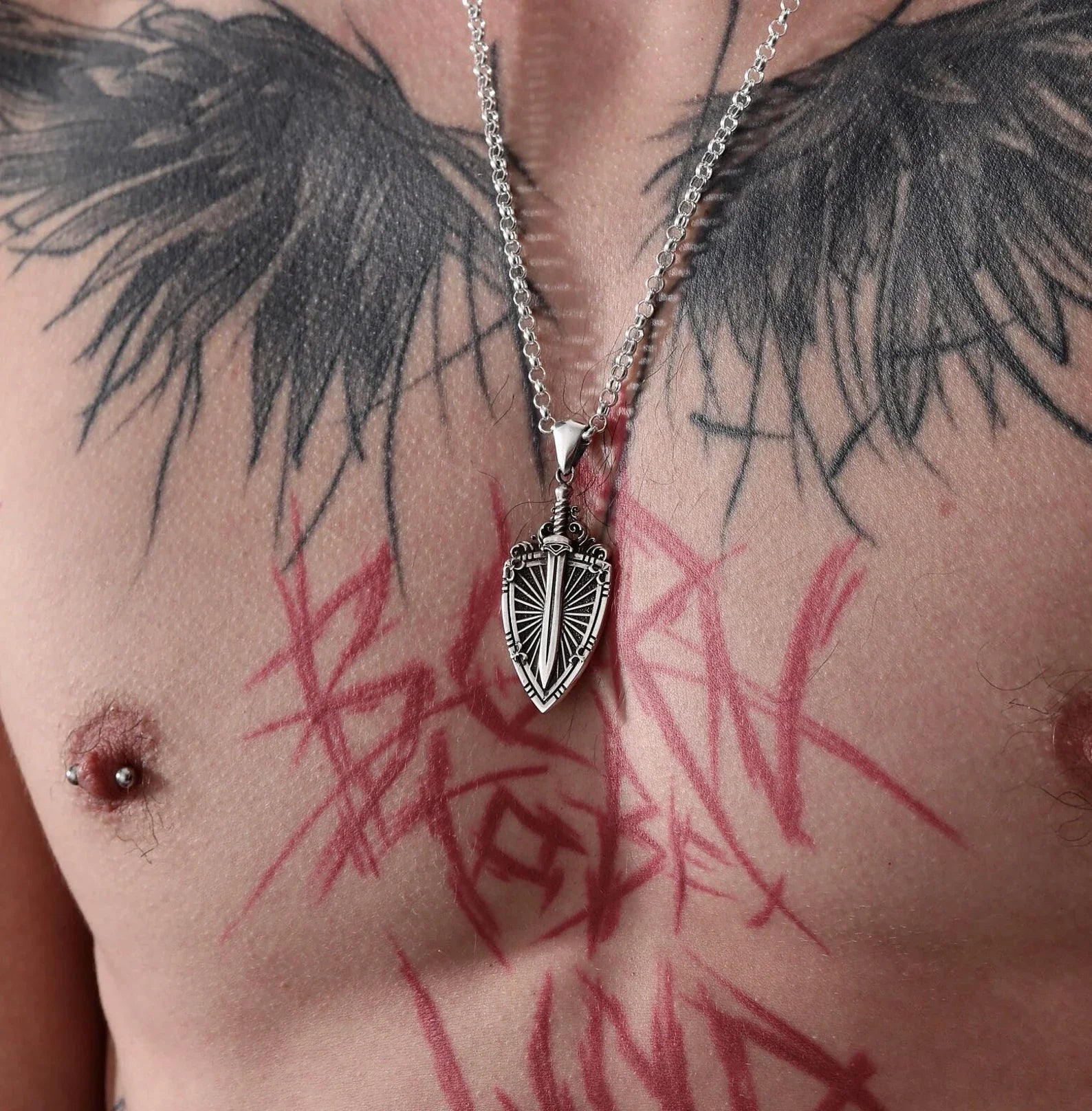 Gothic sword and shield silver necklace for men, handcrafted with medieval artistry. Ideal for fantasy fans, vikings, and historical roleplay. Perfect jewelry gift for anniversaries, birthdays, or to express a bold warrior style every day.