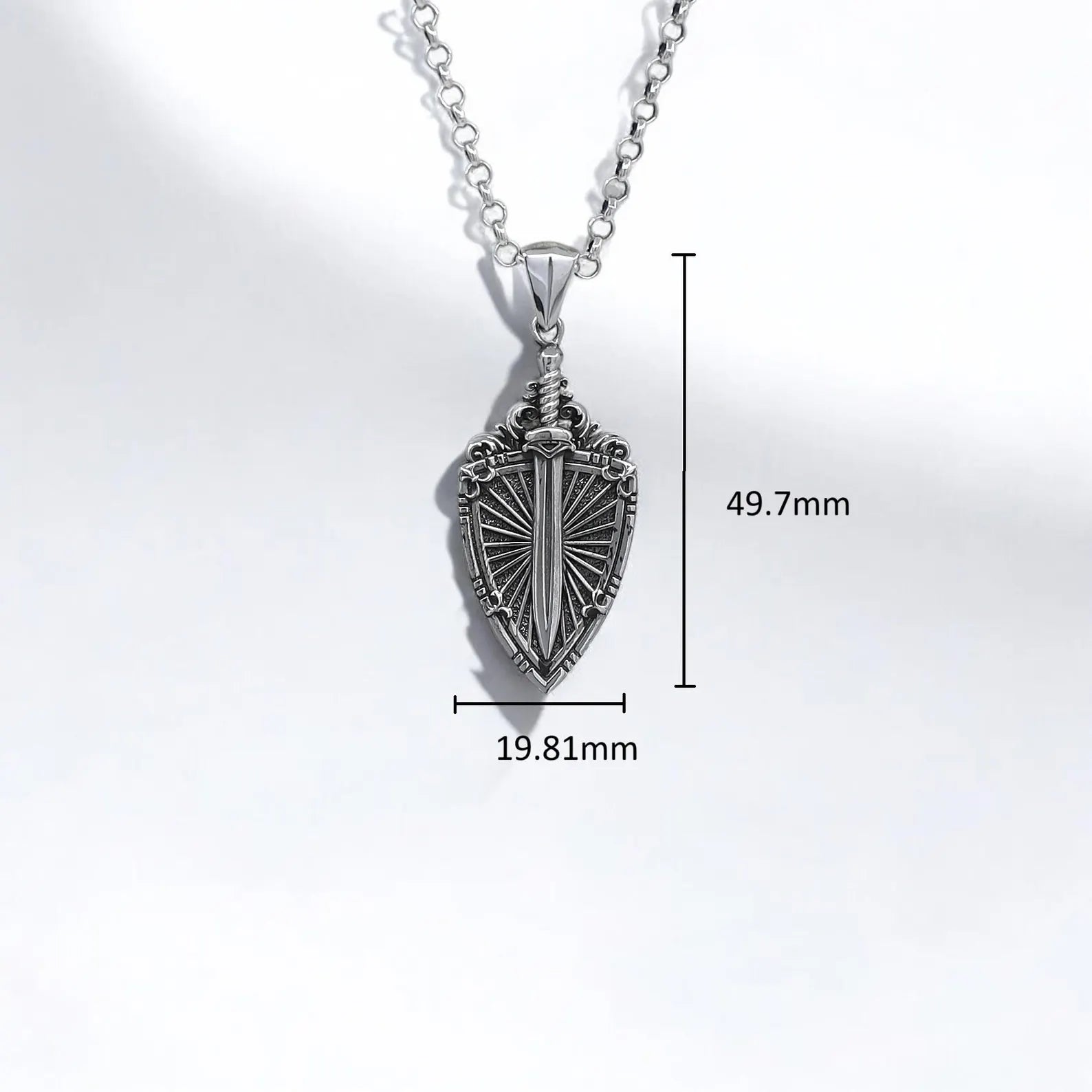 Viking knight-inspired sterling silver necklace with detailed sword and shield pendant. Strong chain and bold design make it a great accessory for medieval lovers, gamers, and collectors. A unique piece for men’s fantasy and gothic fashion.