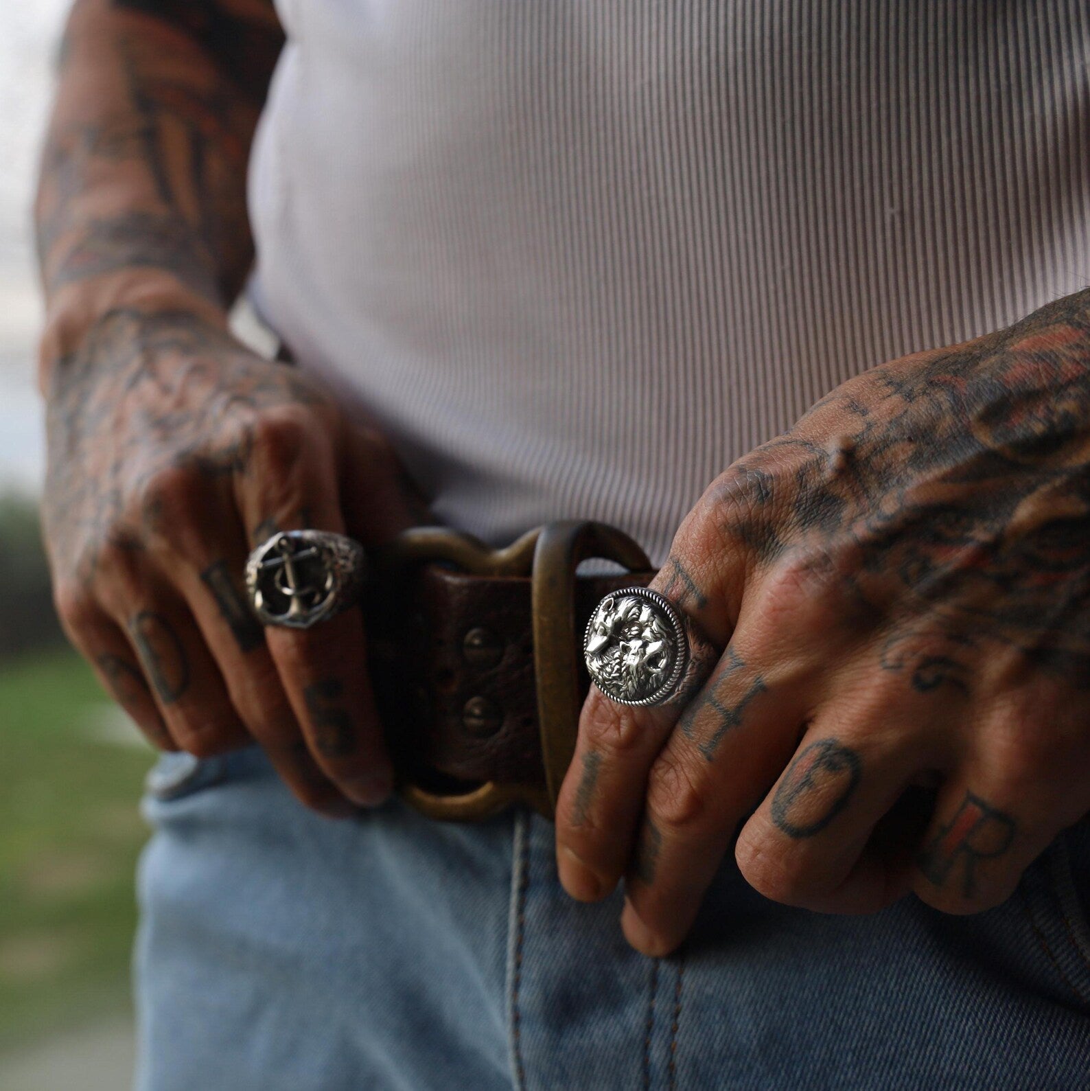 Unique silver wolf head ring symbolizing duality and unity. This handmade jewelry piece merges mysticism and masculinity, making it a standout gift for boyfriends, husbands, or sons with a love for wild aesthetics.