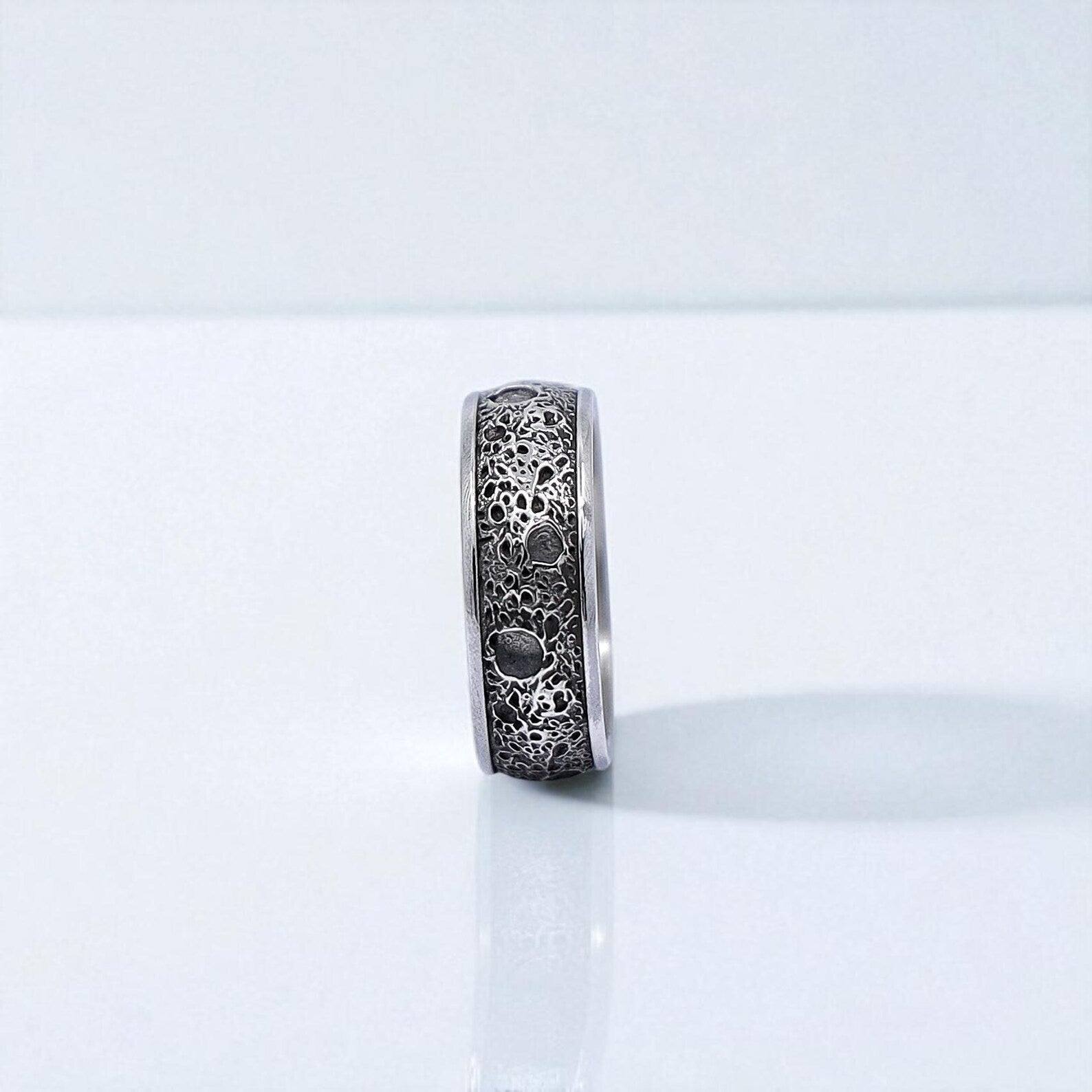 Close-up from the left angle displaying the intricate pattern work and antique finish, this handcrafted ring reflects understated masculinity and timeless sophistication — a unique keepsake for special occasions.