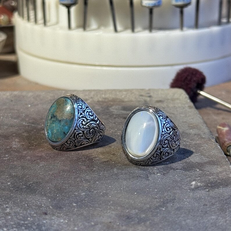 Luxury men’s ring with ornate Baroque floral engravings, oxidized sterling silver finish, and natural turquoise gemstone for a timeless look