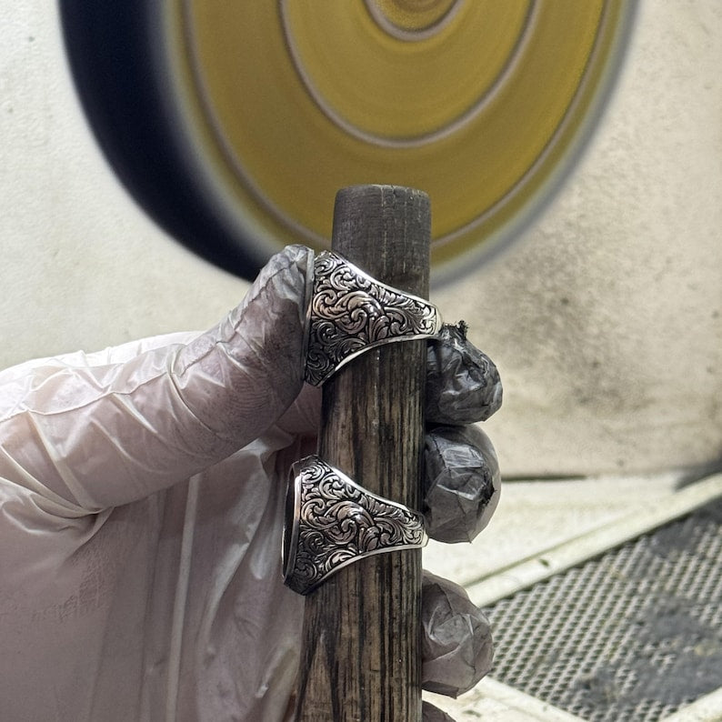 Statement ring for men with bold Baroque floral design, handcrafted from 925 sterling silver and set with a vibrant natural turquoise stone