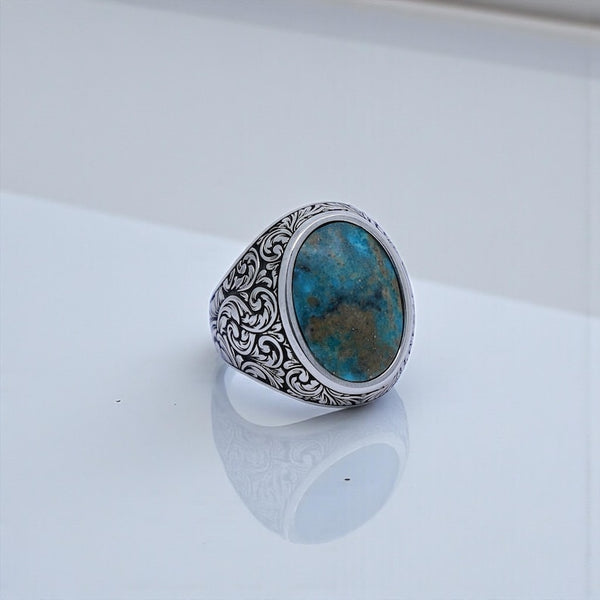 Turquoise Gemstone Baroque Floral Signet Ring