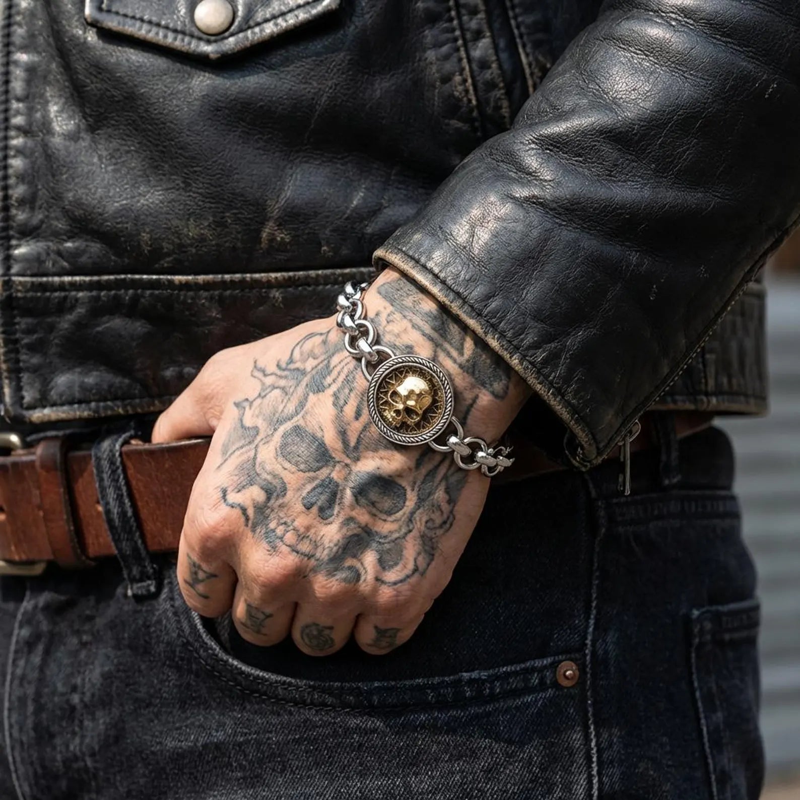 Mens sterling silver rolo chain bracelet featuring bronze skull centerpiece, handcrafted biker jewelry with rugged masculine style