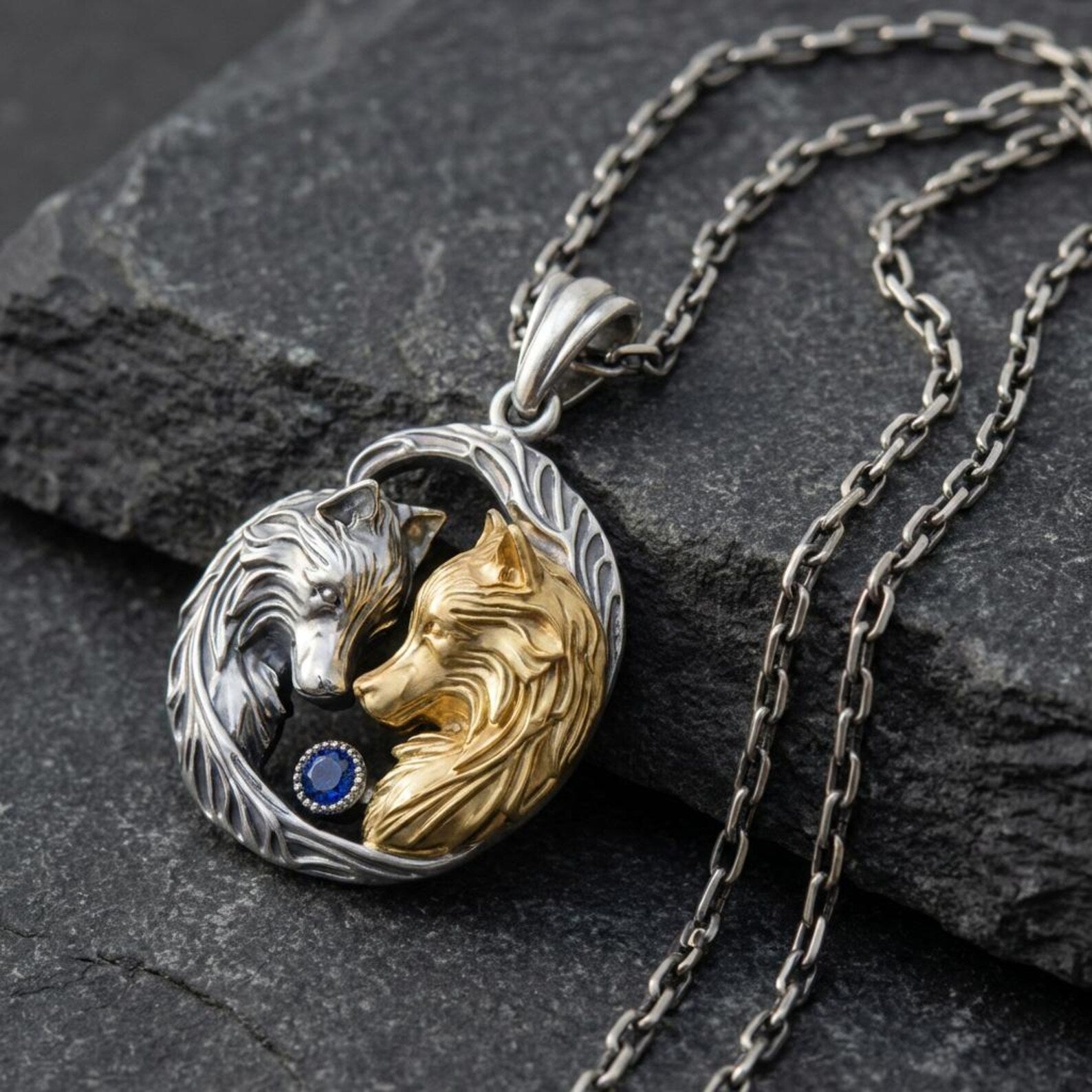 premium twin wolf pendant solid sterling silver gemstone centerpiece rugged masculine jewelry