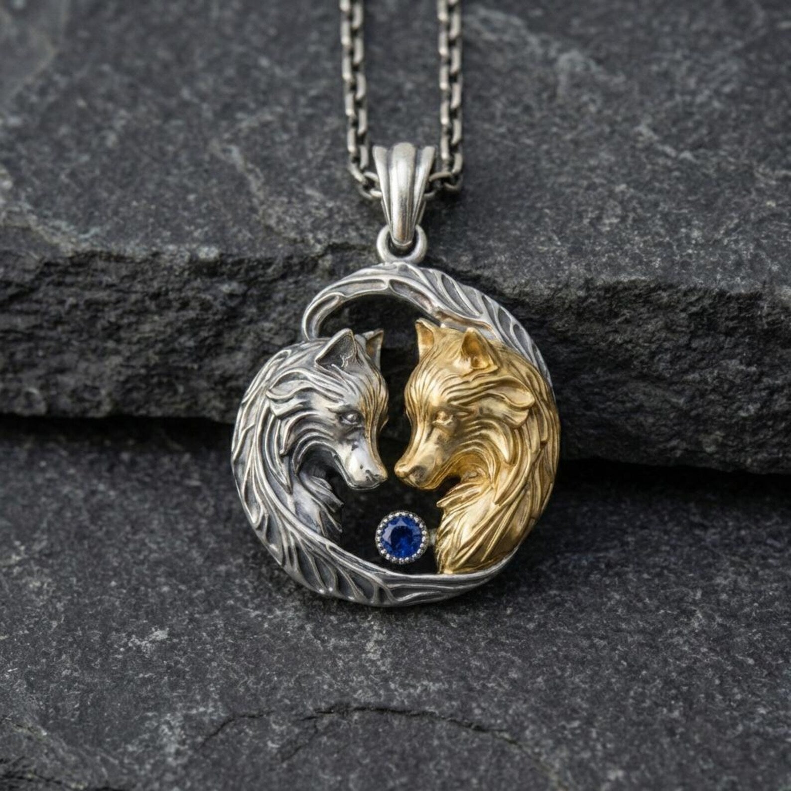 detailed dual wolf necklace with blue gemstone handcrafted sterling silver gothic animal jewelry