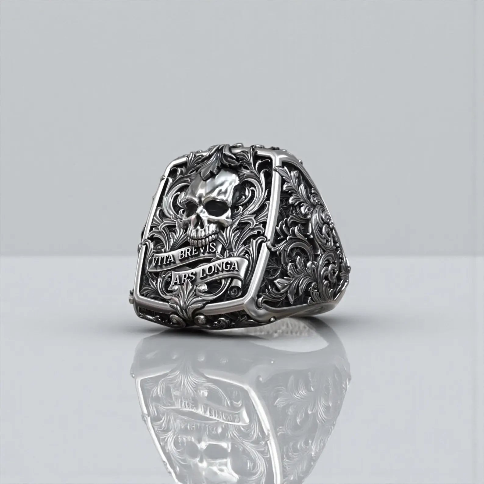 Handcrafted sterling silver jawless skull biker ring for men featuring Victorian gothic design and bold baroque engraved details