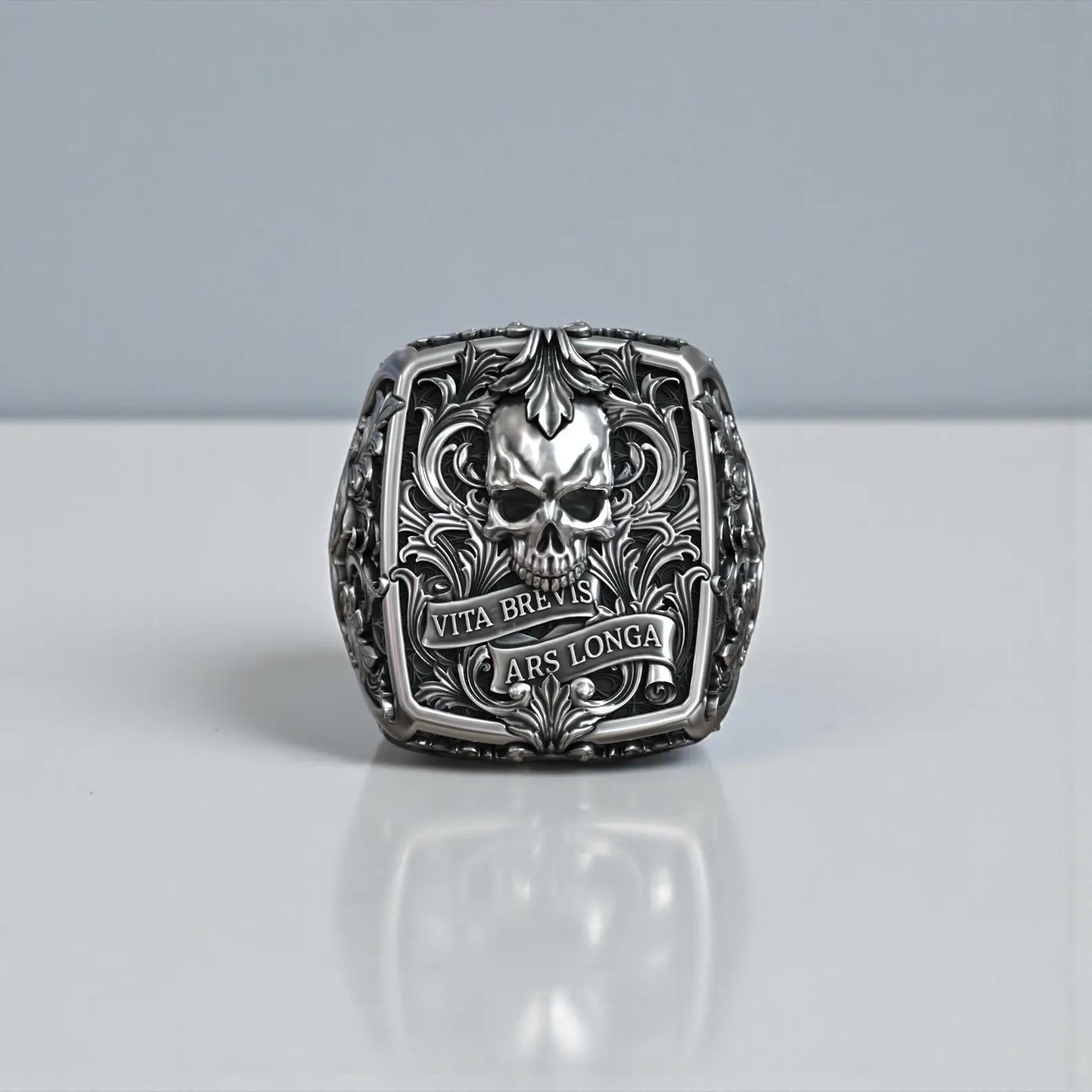Victorian gothic skull ring for men with jawless skull design crafted in high quality sterling silver biker jewelry