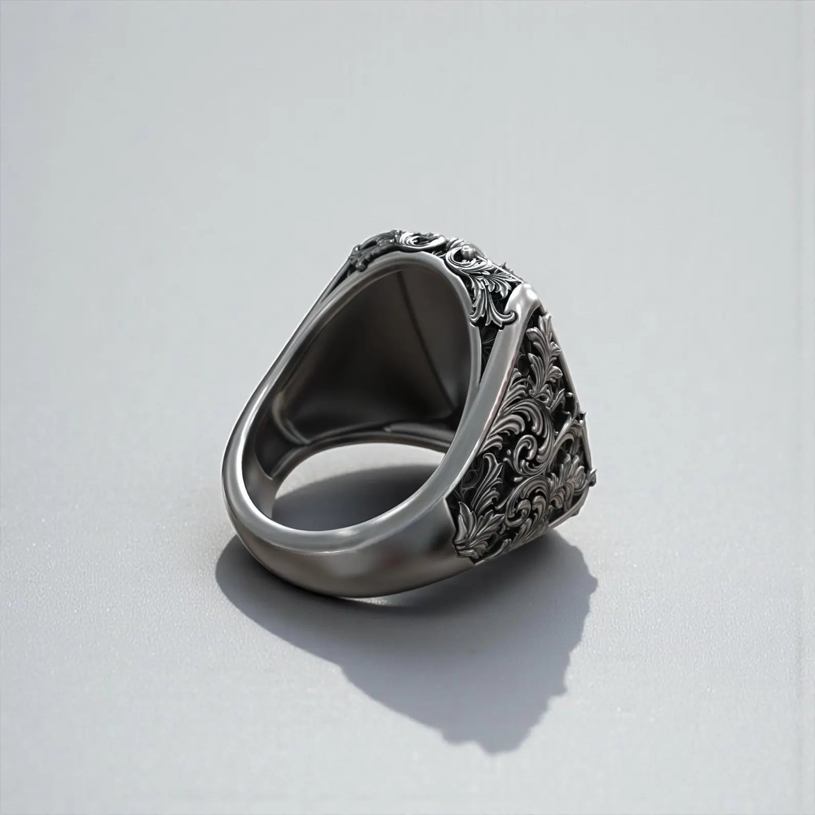 Vintage inspired jawless skull ring for men with handcrafted baroque details and bold gothic biker aesthetic