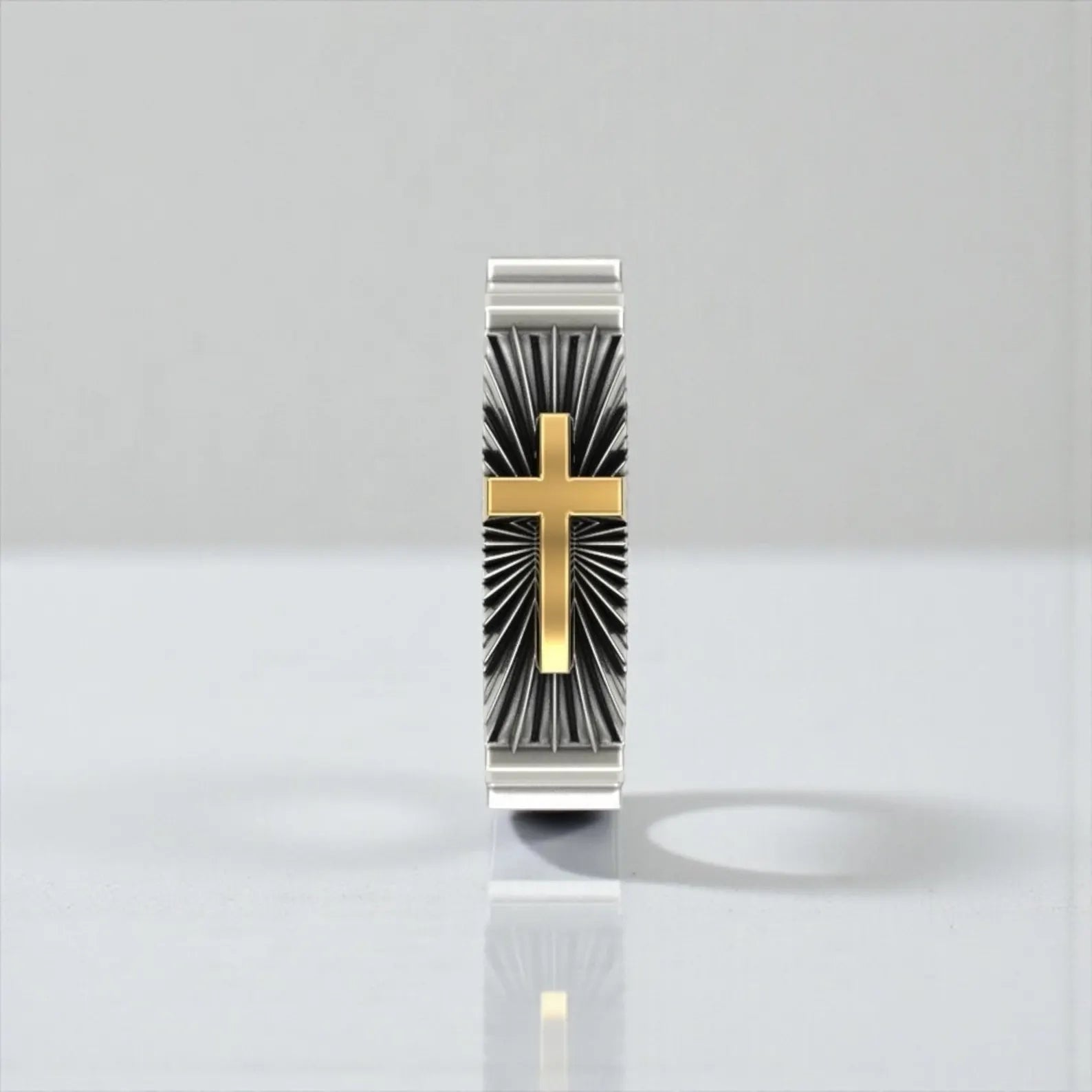 Religious statement wedding band ring made from 925 sterling silver, featuring an elegant gold cross detail symbolizing faith and devotion