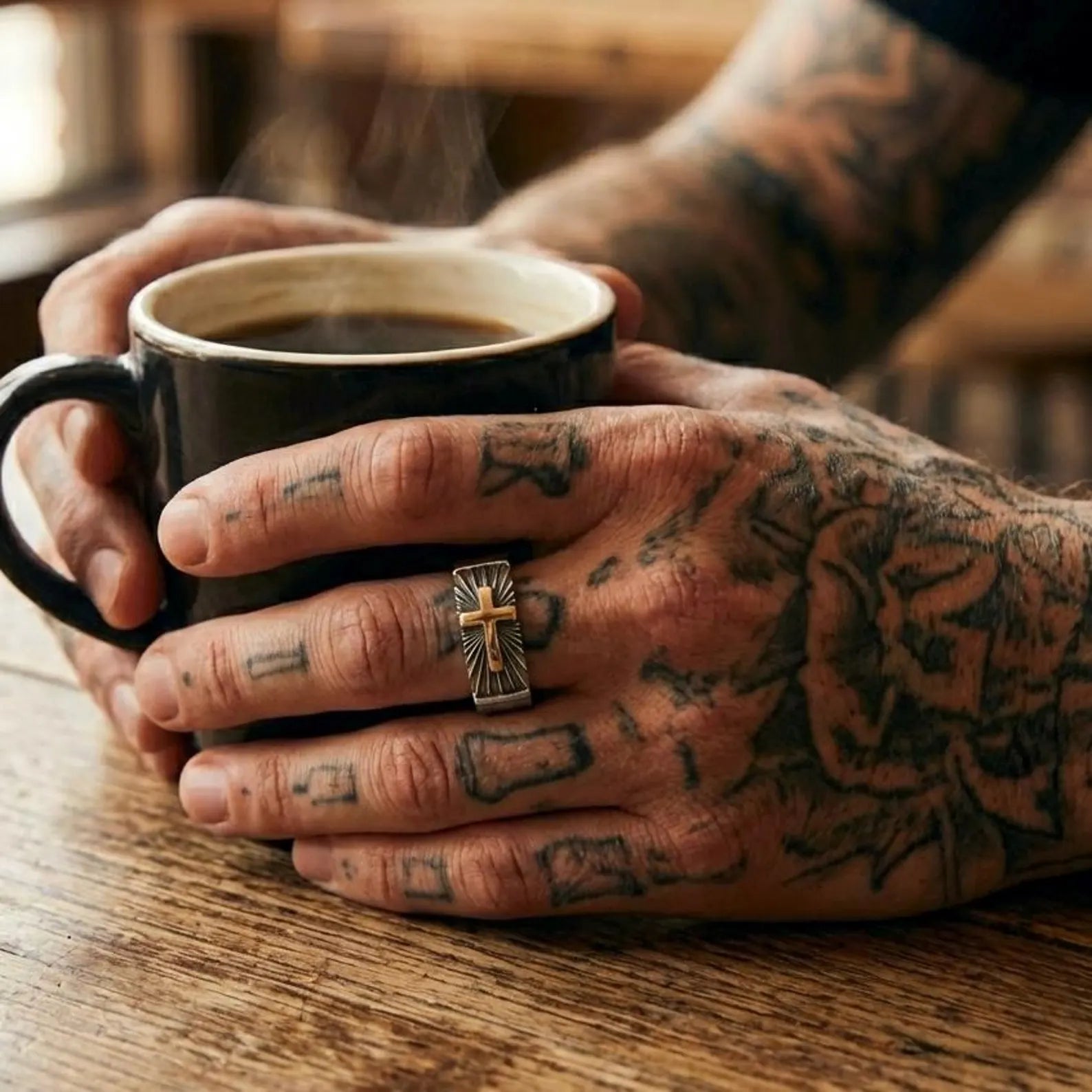 Unique religious ring for men with gold cross detail, designed as a meaningful wedding band or promise ring in solid sterling silver