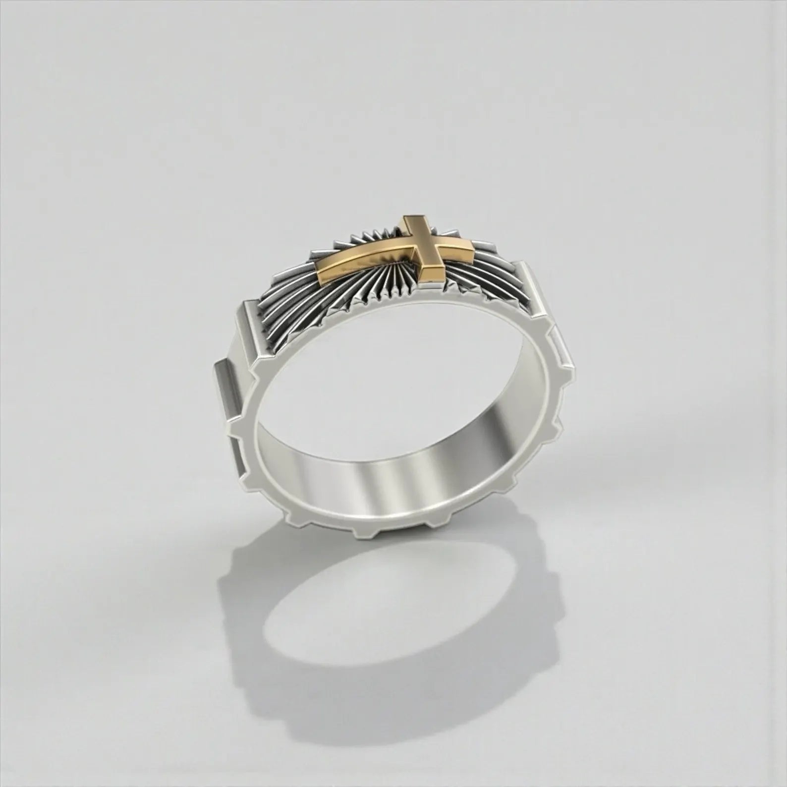 Side profile of a sterling silver wedding band ring with gold cross detail, highlighting clean lines, solid craftsmanship, and masculine proportions