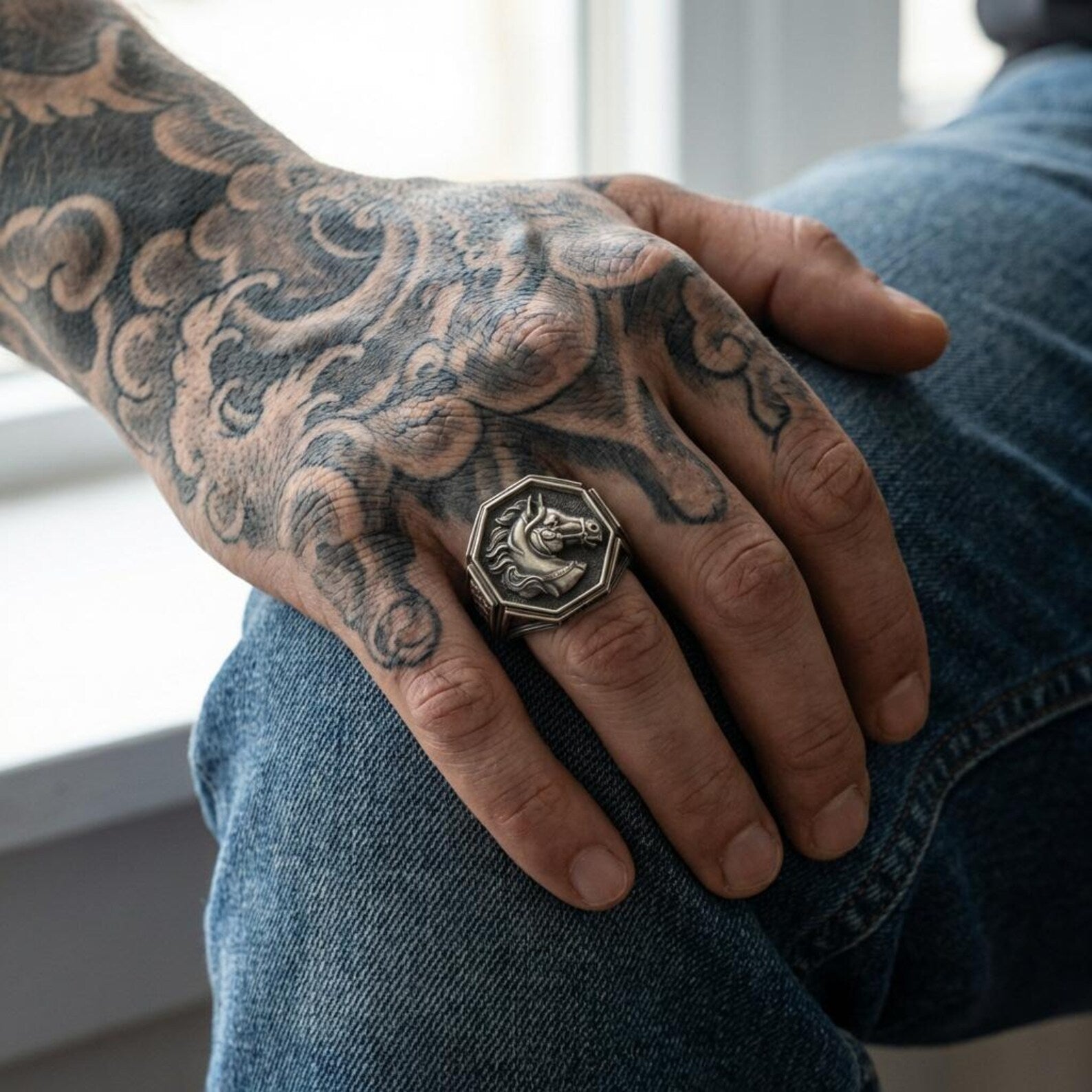 luxury masculine cowboy ring solid sterling silver horse emblem southwestern western inspired bold statement jewelry