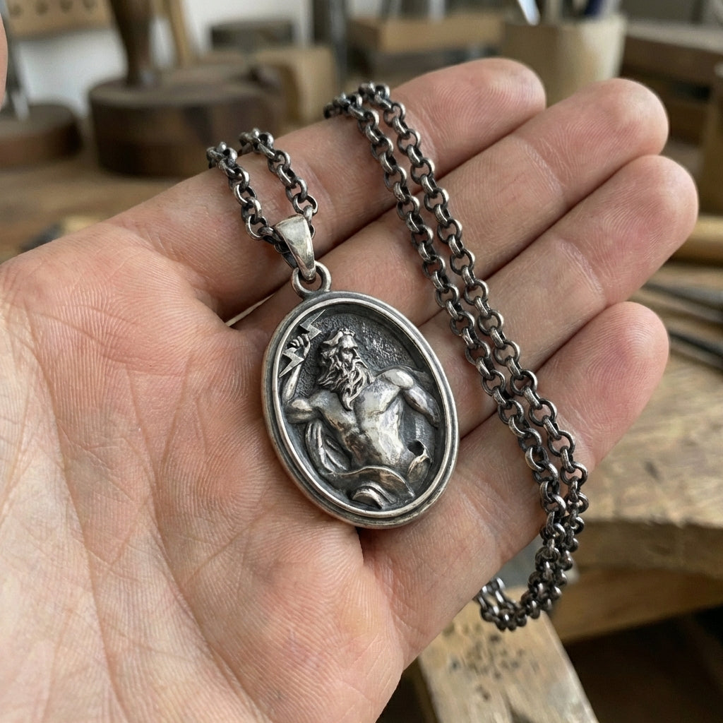 May include: A silver-toned oval pendant necklace with a matching chain. The pendant has a textured surface and the text "925 4BB" is visible. The necklace is displayed on a gray, textured surface.