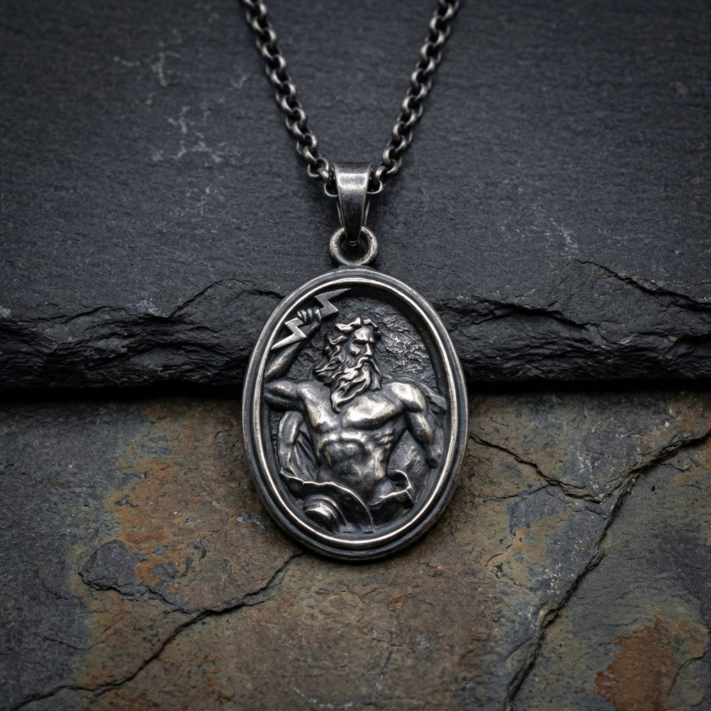 Ancient Greek god Zeus sterling silver necklace close-up, baroque style engraved pendant with oxidized matte finish, unique mythology gift for him
