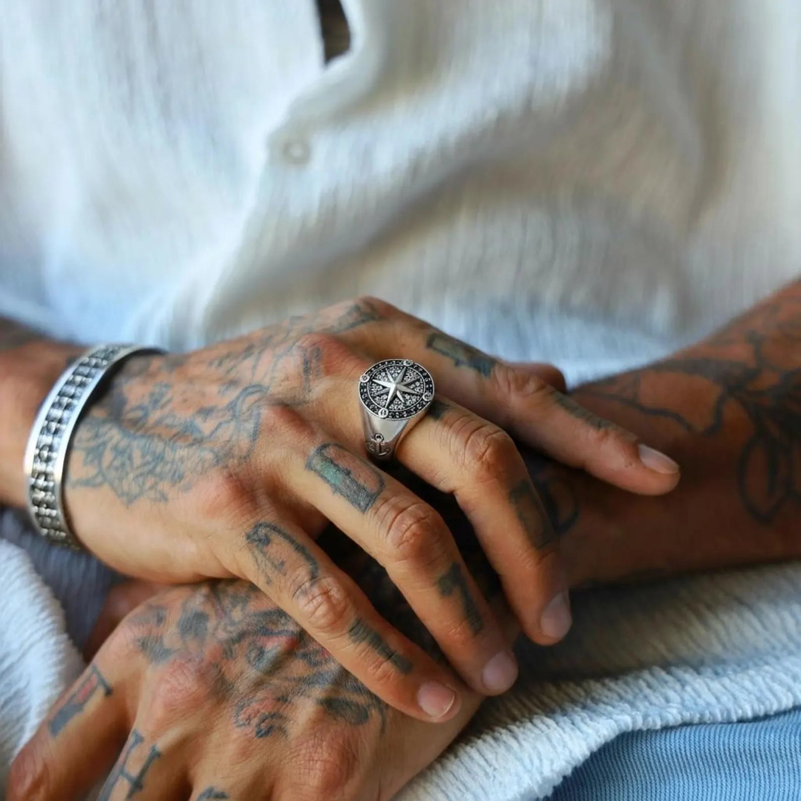 Statement nautical compass ring for men made from solid 925 sterling silver, unisex design with North Star artistry, perfect birthday gift for adventurers.