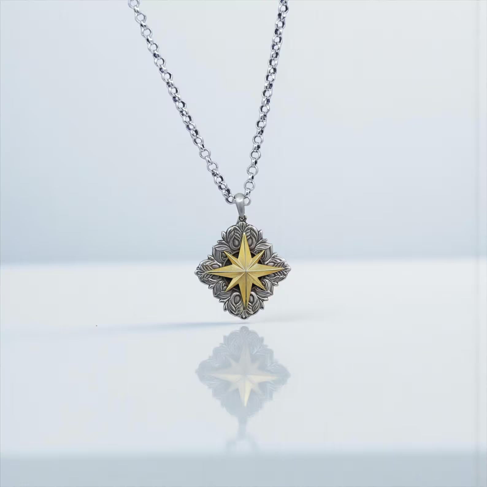 High-resolution close-up of a nautical gold plated compass pendant necklace handcrafted on a 925 sterling silver base, showing detailed North Star design and sailor-inspired craftsmanship—ideal for searches like nautical jewelry men, compass pendant gift, and ocean lover necklace.
