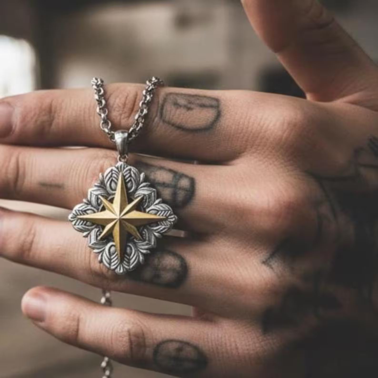 High-quality shot of a nautical north star necklace in 14K gold plating with a sterling silver base, symbolizing navigation, purpose, and inner strength—optimized for navigation jewelry, north star necklace men, and sentimental compass gift.