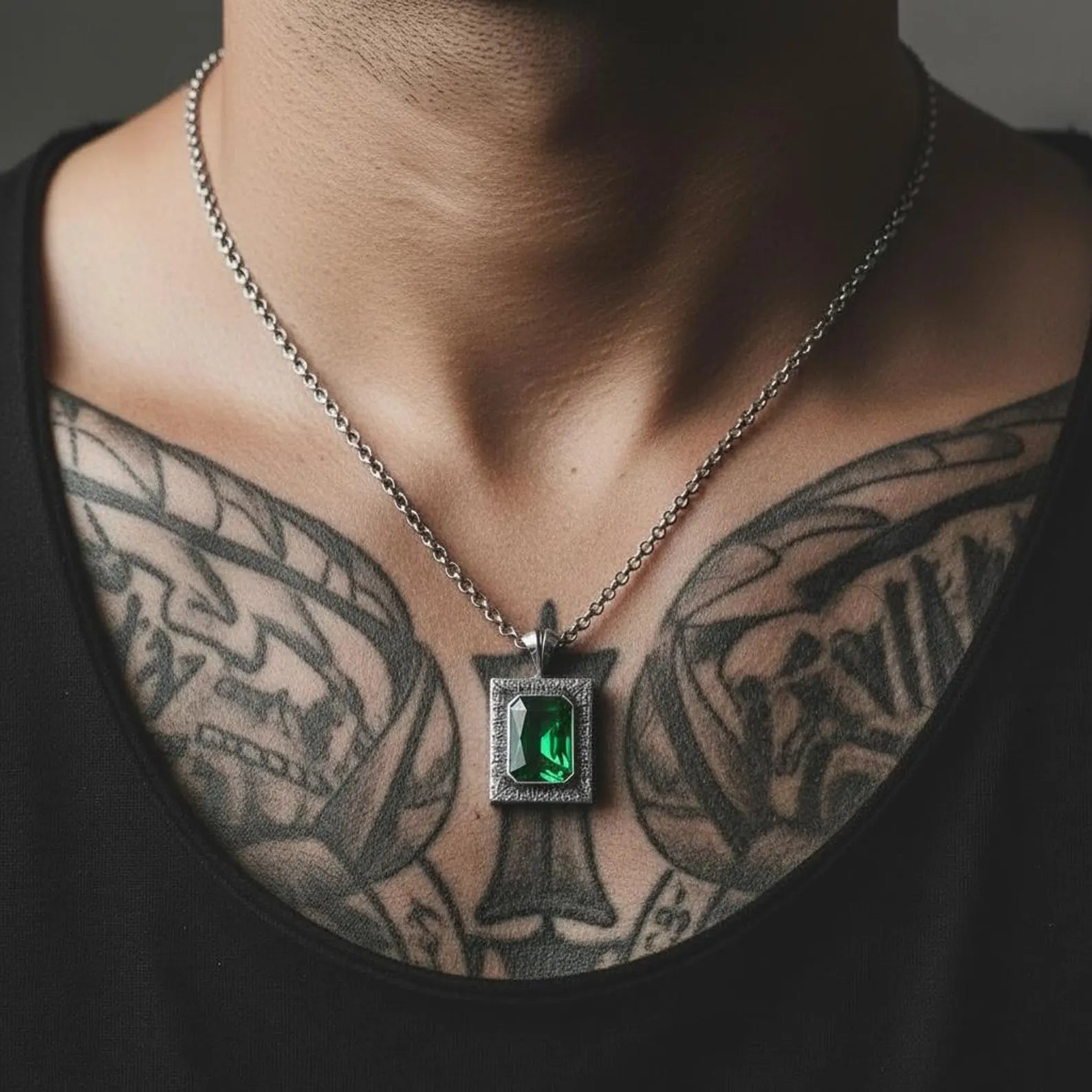 Luxury men’s emerald necklace made from high-quality 925 sterling silver, showcasing a thick, statement-style handcrafted pendant with emotional balance symbolism, perfect for personalized anniversary and Christmas gifts.