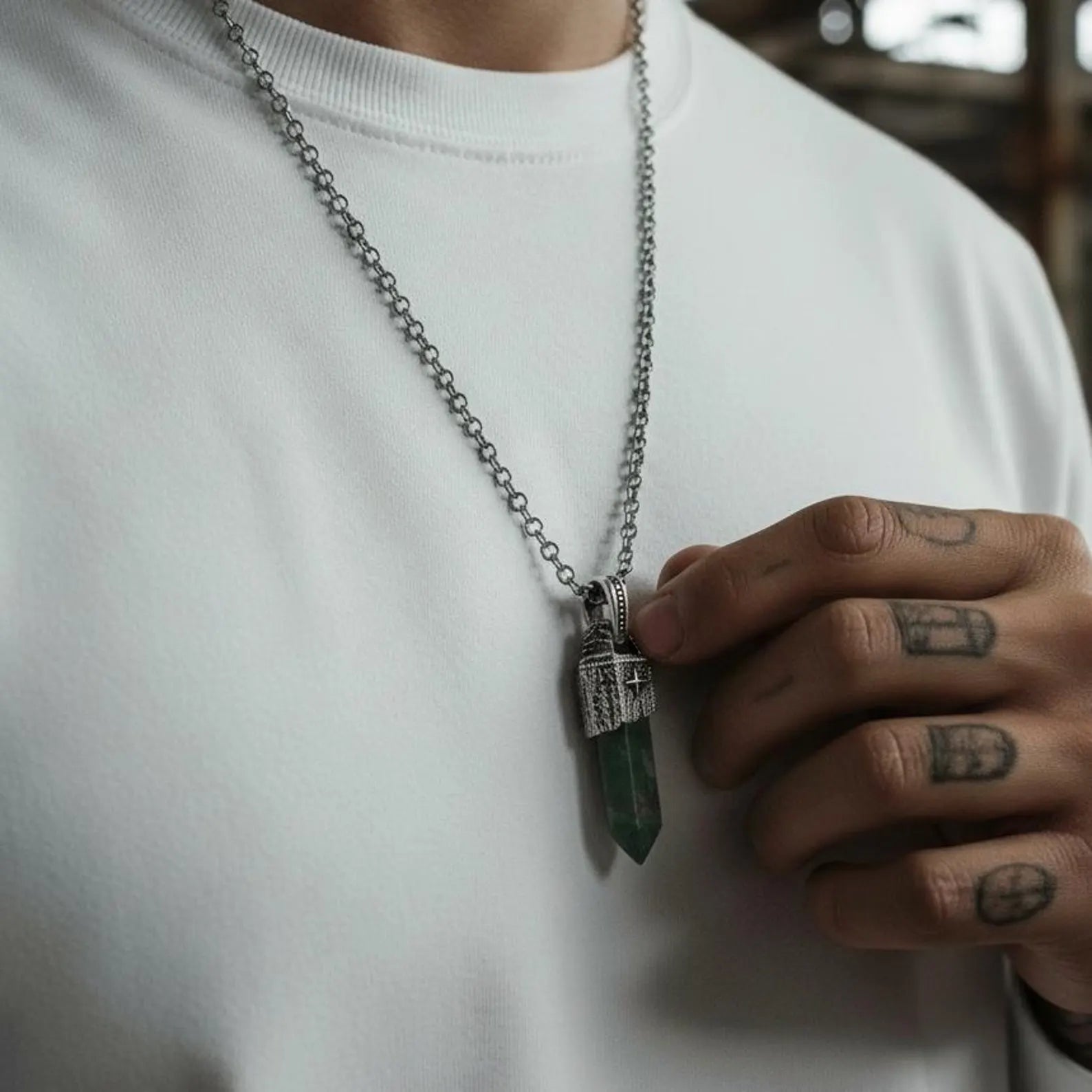 Statement Moss Agate compass necklace made from solid sterling silver, displaying natural gemstone details and vintage craftsmanship, perfect for personalized men’s jewelry and meaningful gift photos.