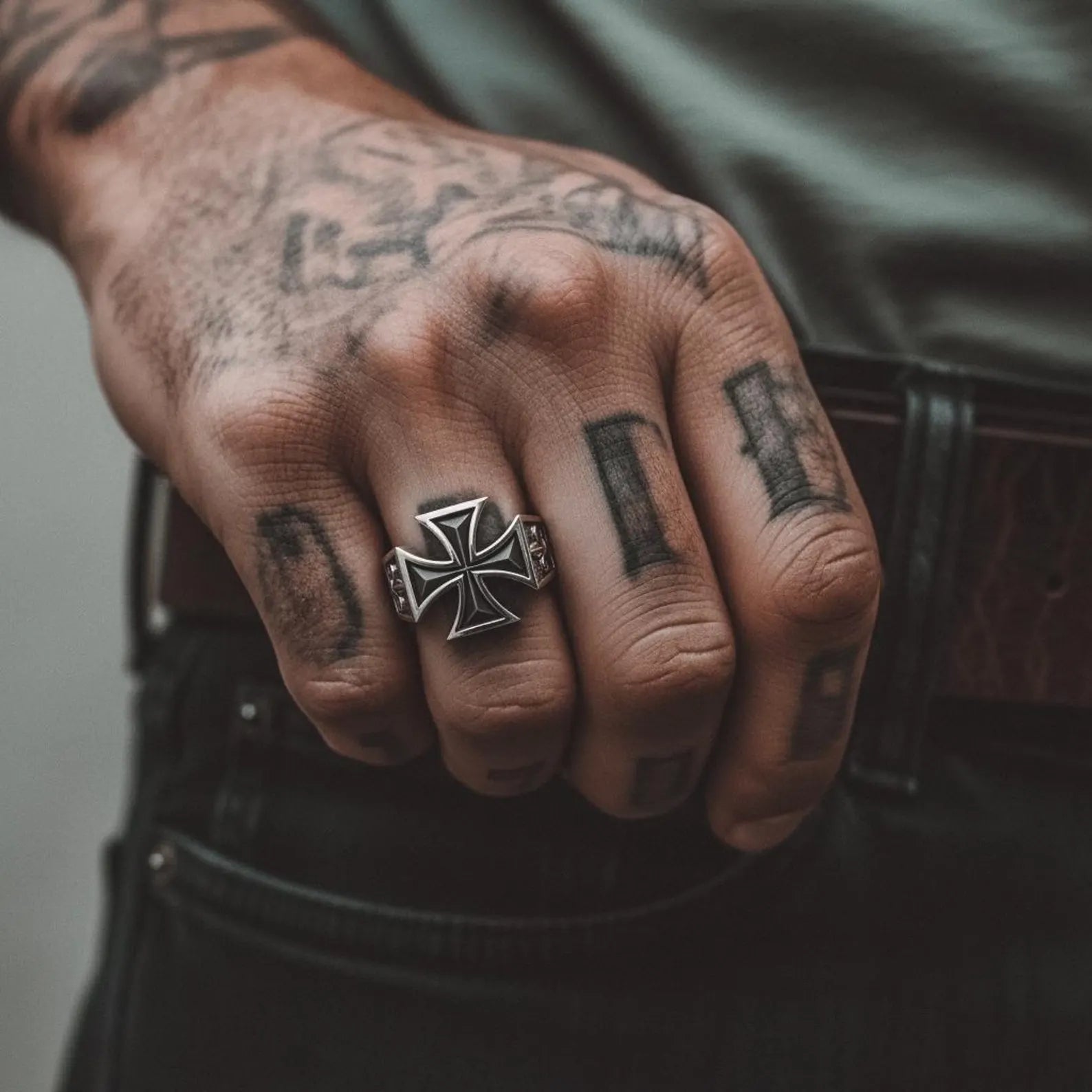 Close-up view of sterling silver Gothic Cross Ring showcasing detailed vintage engravings and a strong religious Maltese Cross symbol crafted for men’s Christian jewelry collections.
