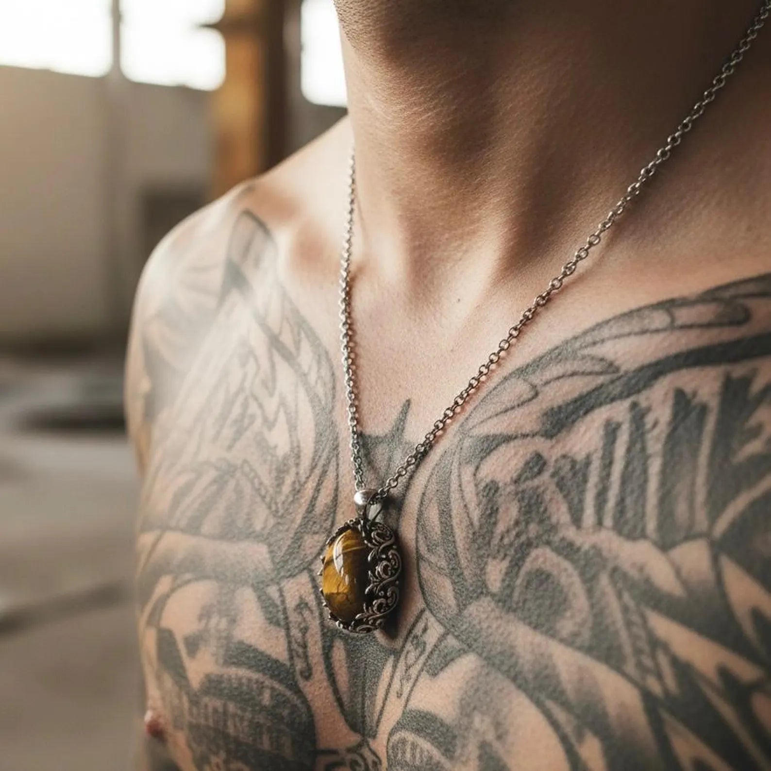 Natural tiger eye stone necklace framed with elegant baroque silver leaf patterns, handcrafted with precision using high-quality 925 sterling silver, offering a bold and meaningful accessory for men who appreciate artisanal gemstone jewelry. 