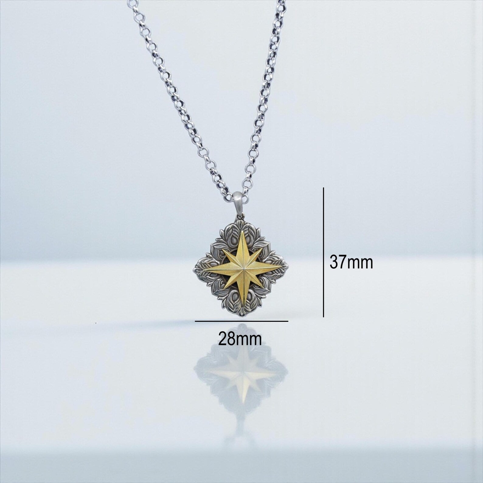 Front-facing image of a bold masculine compass pendant showing precise craftsmanship and high-quality materials, suitable for keywords like 925 silver compass necklace, gold plated directional jewelry, and unique gift for boyfriend.