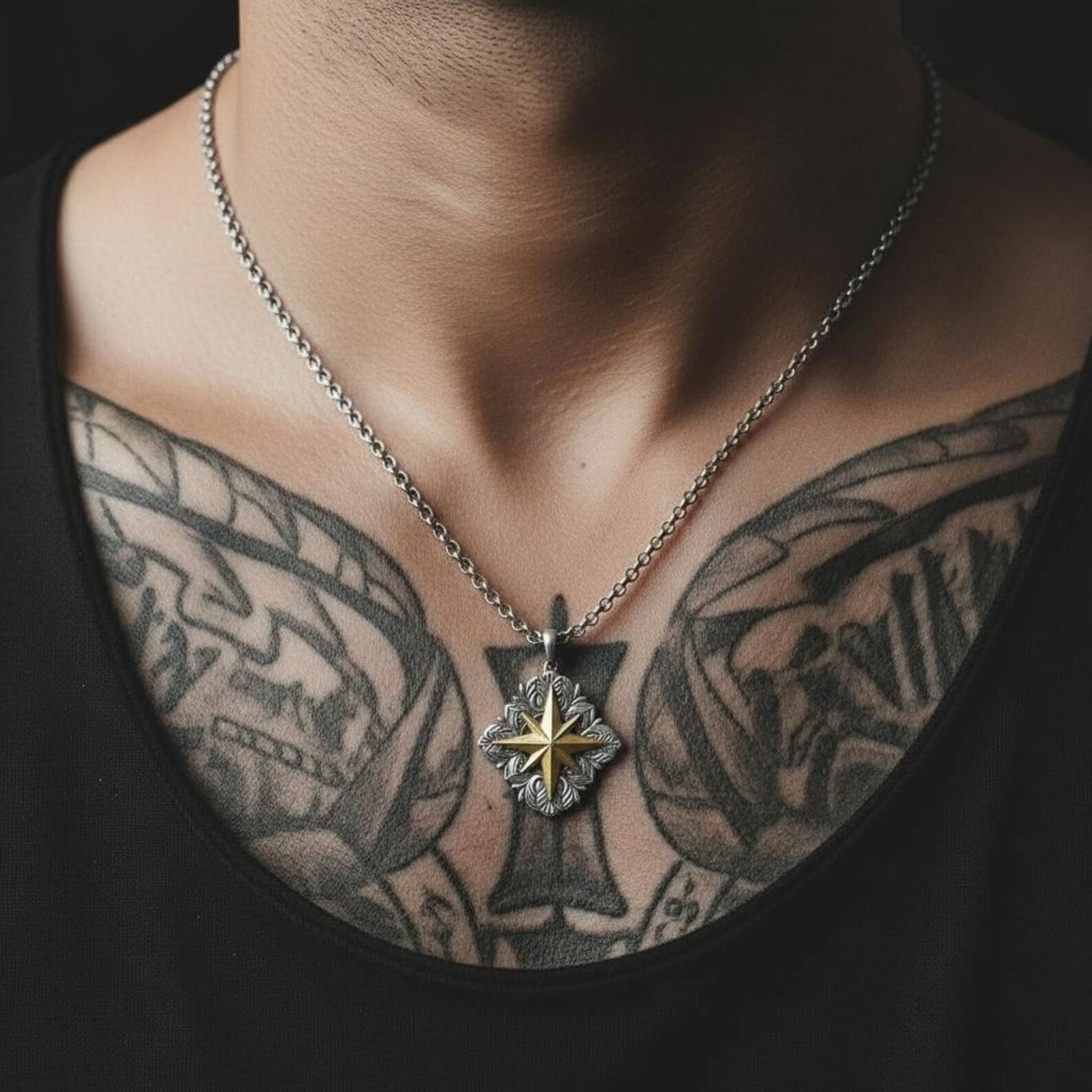 Studio shot of a 14K gold plated compass necklace with oxidized, hand-polished finish, highlighting the 37mm pendant and 2.2mm chain thickness—optimized for SEO terms like luxury compass necklace, sterling silver nautical pendant, and personalized sailor gift.