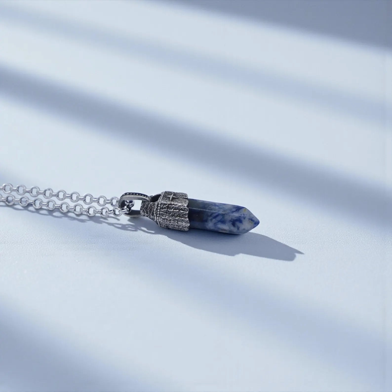 Elegant men’s sodalite necklace made with solid 925 sterling silver and an eye-catching vintage compass design, blending healing crystal energy with masculine craftsmanship for those seeking balance, inner peace, grounding and refined aesthetic appeal.