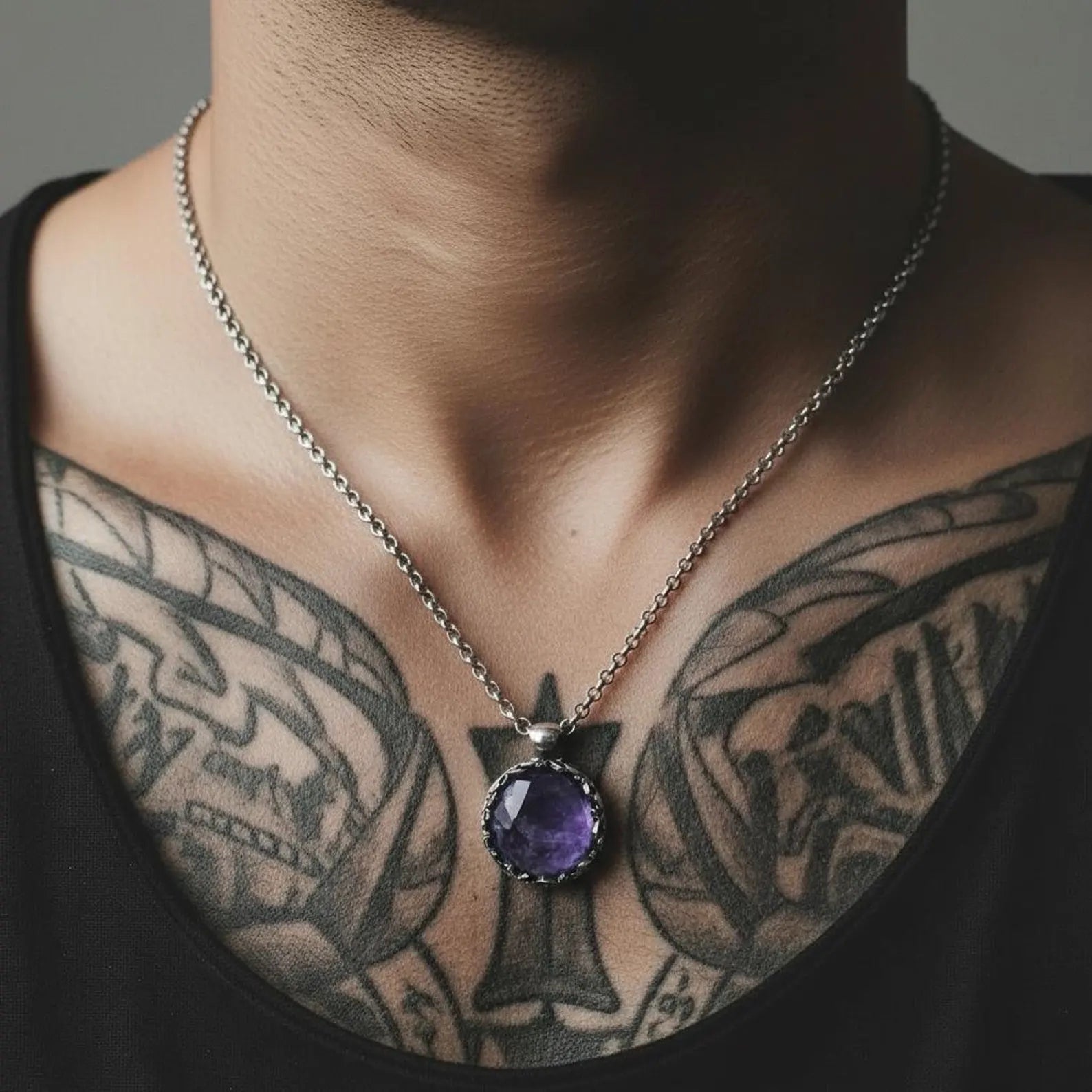 Luxury amethyst gemstone necklace for men and women crafted from high-quality sterling silver, showcasing a bold vintage baroque style pendant with rich purple tones, perfect for Christmas gifts and anniversary jewelry photography.