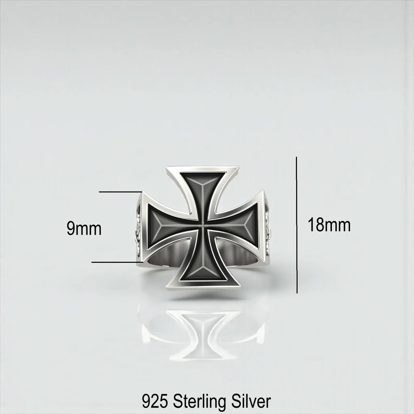 Side-angle shot of men’s Gothic Iron Cross Ring made from high-quality 925 sterling silver, featuring deep oxidized contrast and bold masculine edges.